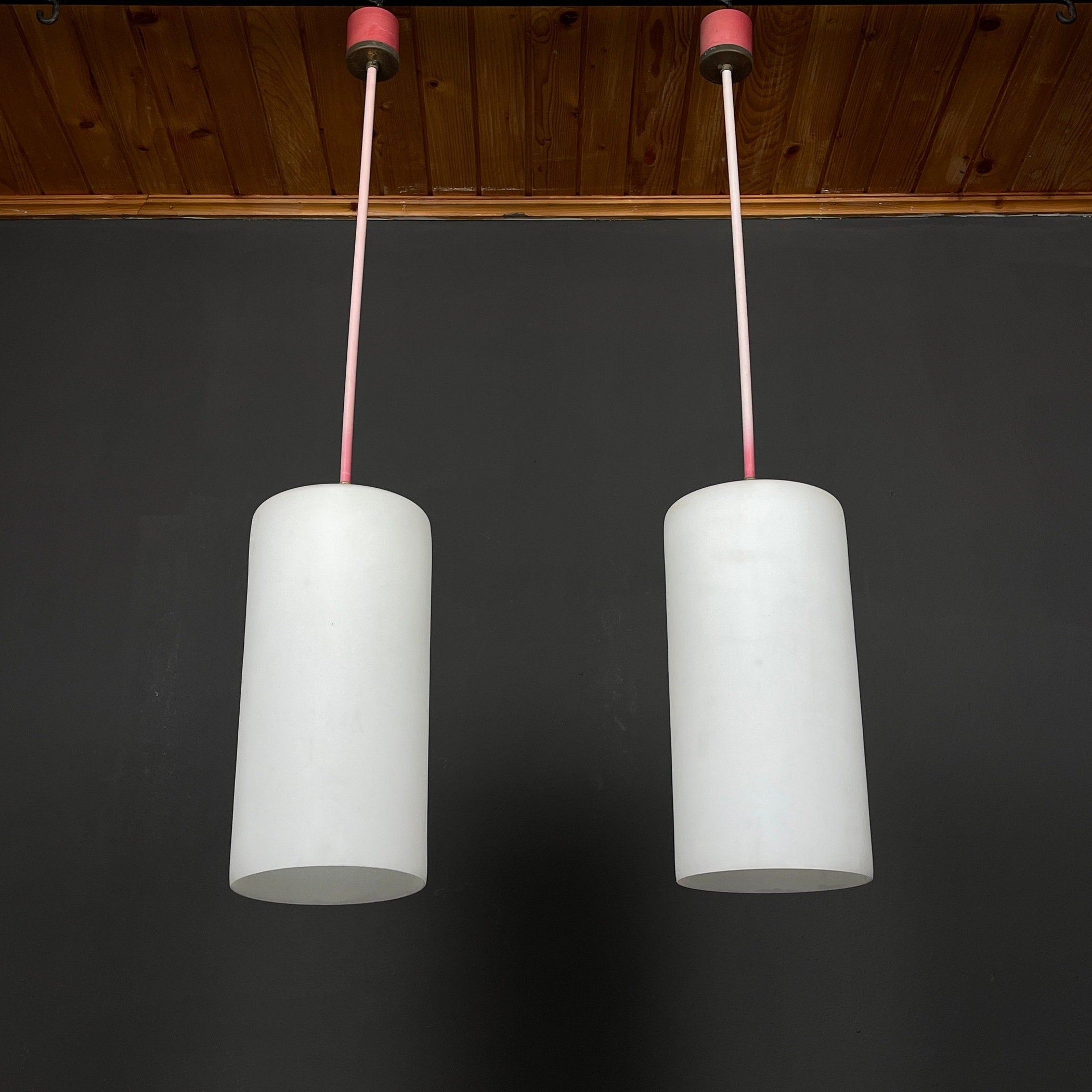 Mid-century opalin glass pendant lamp Italy 1960s Set of 2 Industrial italian lighting
