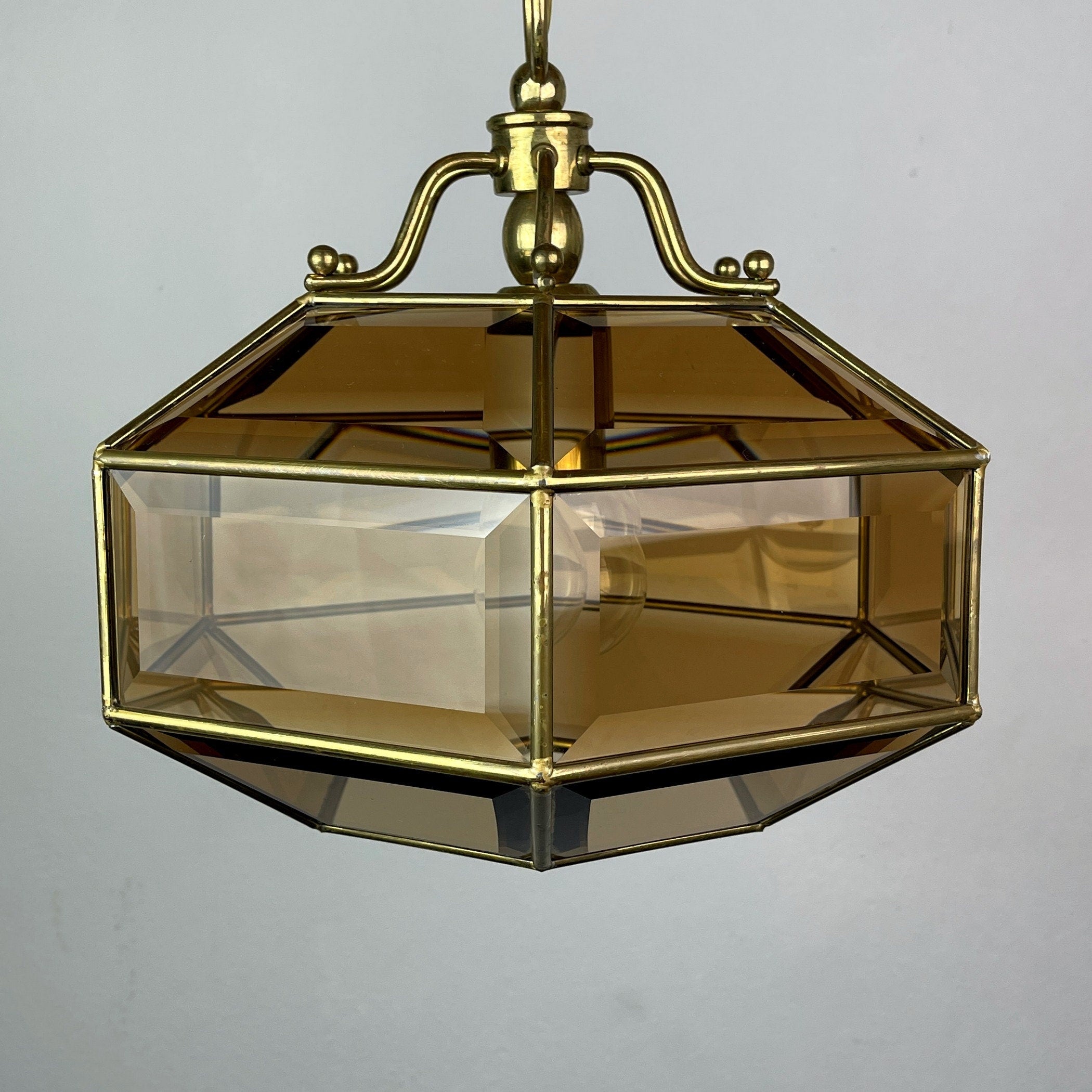 Vintage diamond pendant lamp Italy 1960s Gold brass hex crystal lamp