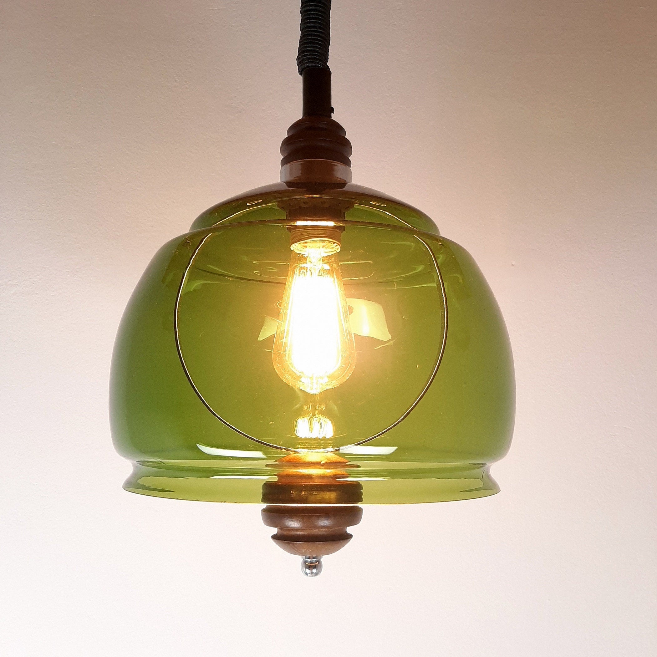 Vintage Green Glass Pendant Lamp: Mid-Century Modern Sijaj Hrastnik, Yugoslavia 1960s