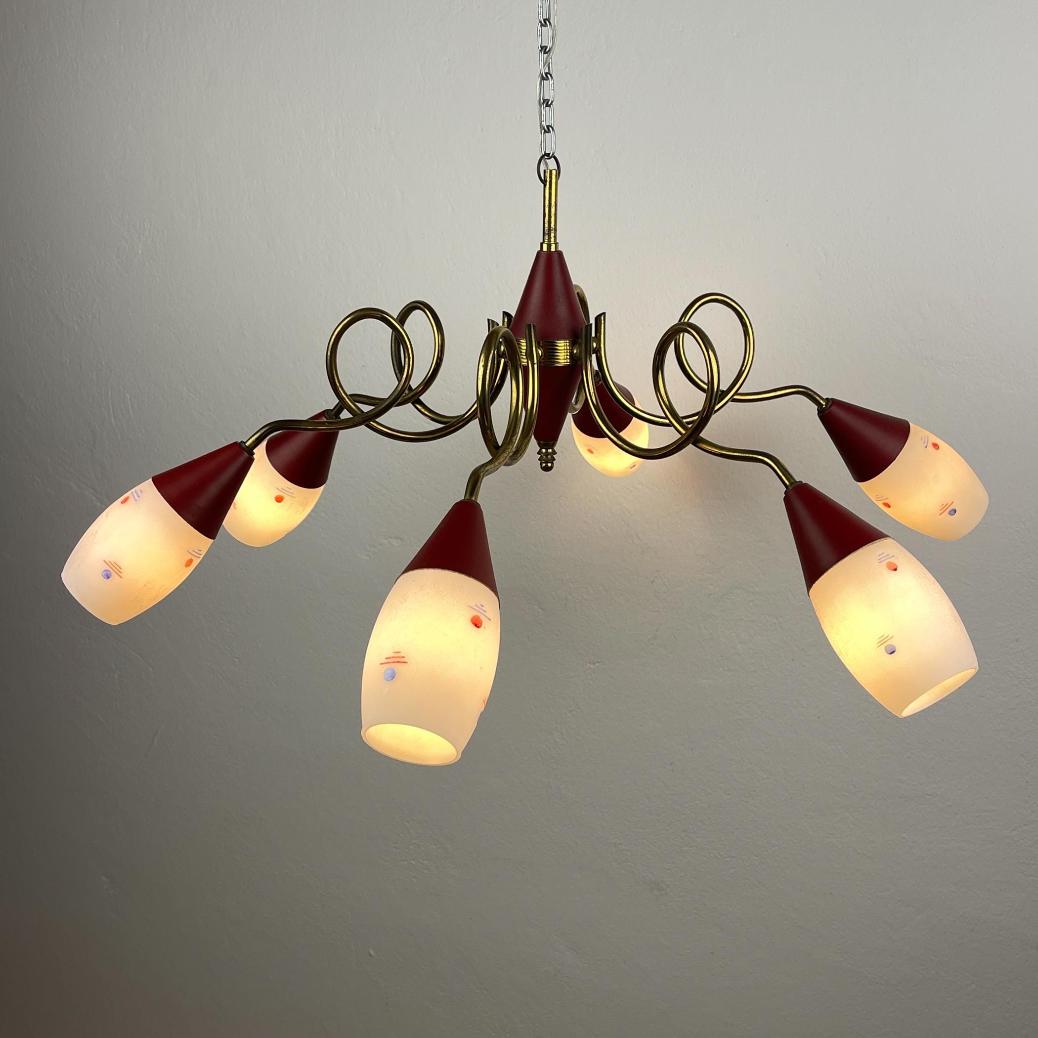 Vintage brass and murano glass chandelier by Stilnovo, Italy, 1960s, Italian Classic Design