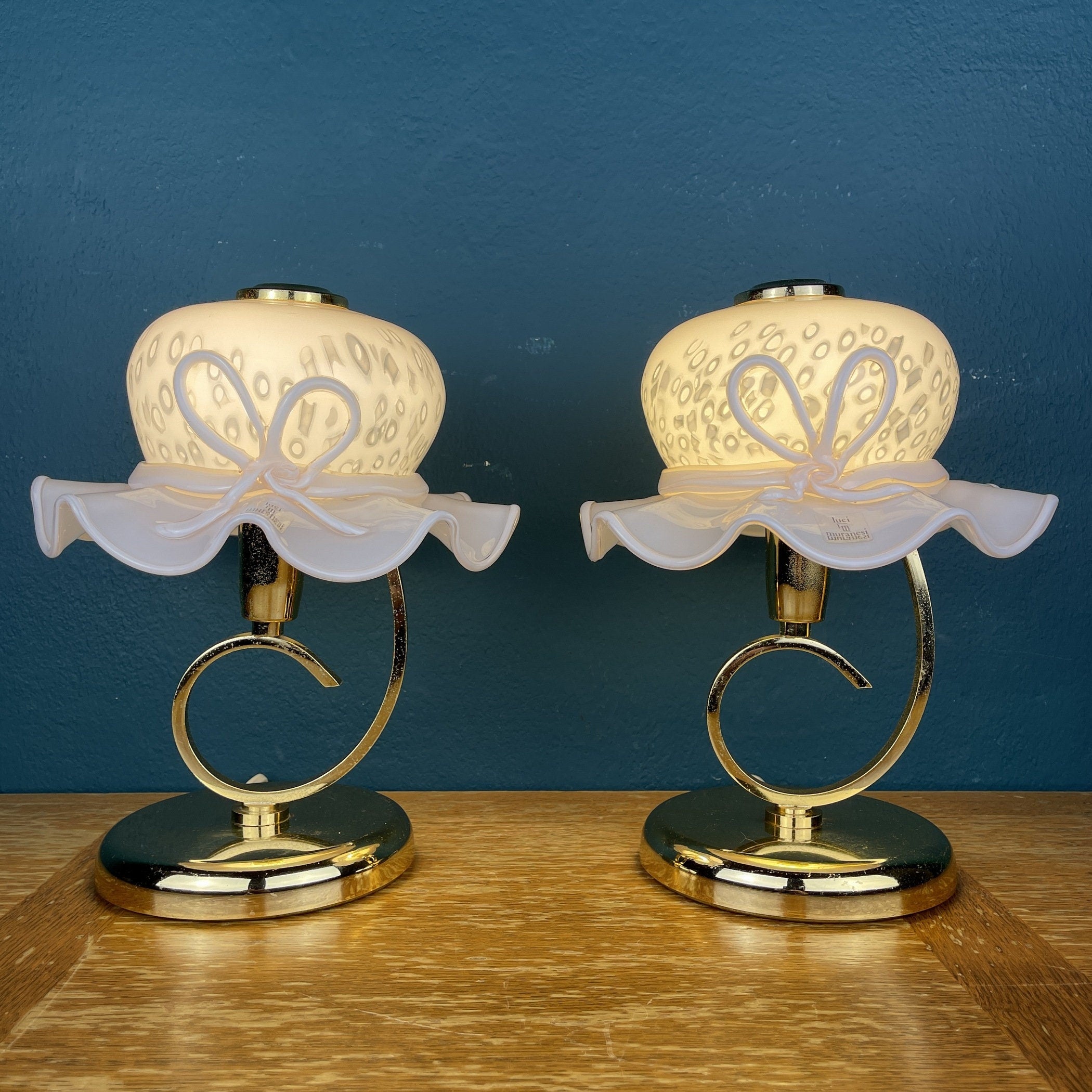 Pair of Pink Murano Glass Table Lamps: Italian Mid-Century Lighting