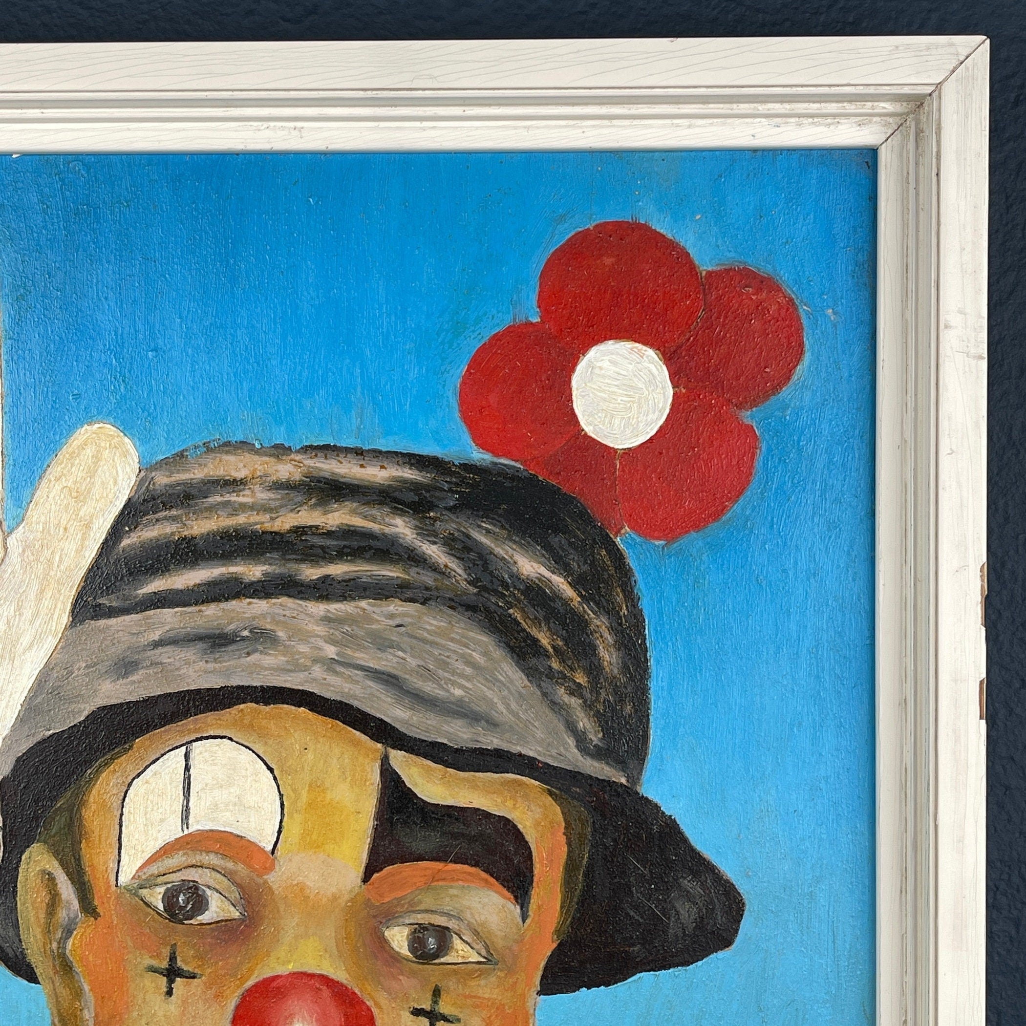 Vintage Naive Art "Sad Clown" Oil Painting by Oto Dobovišek, 1980s Yugoslavia