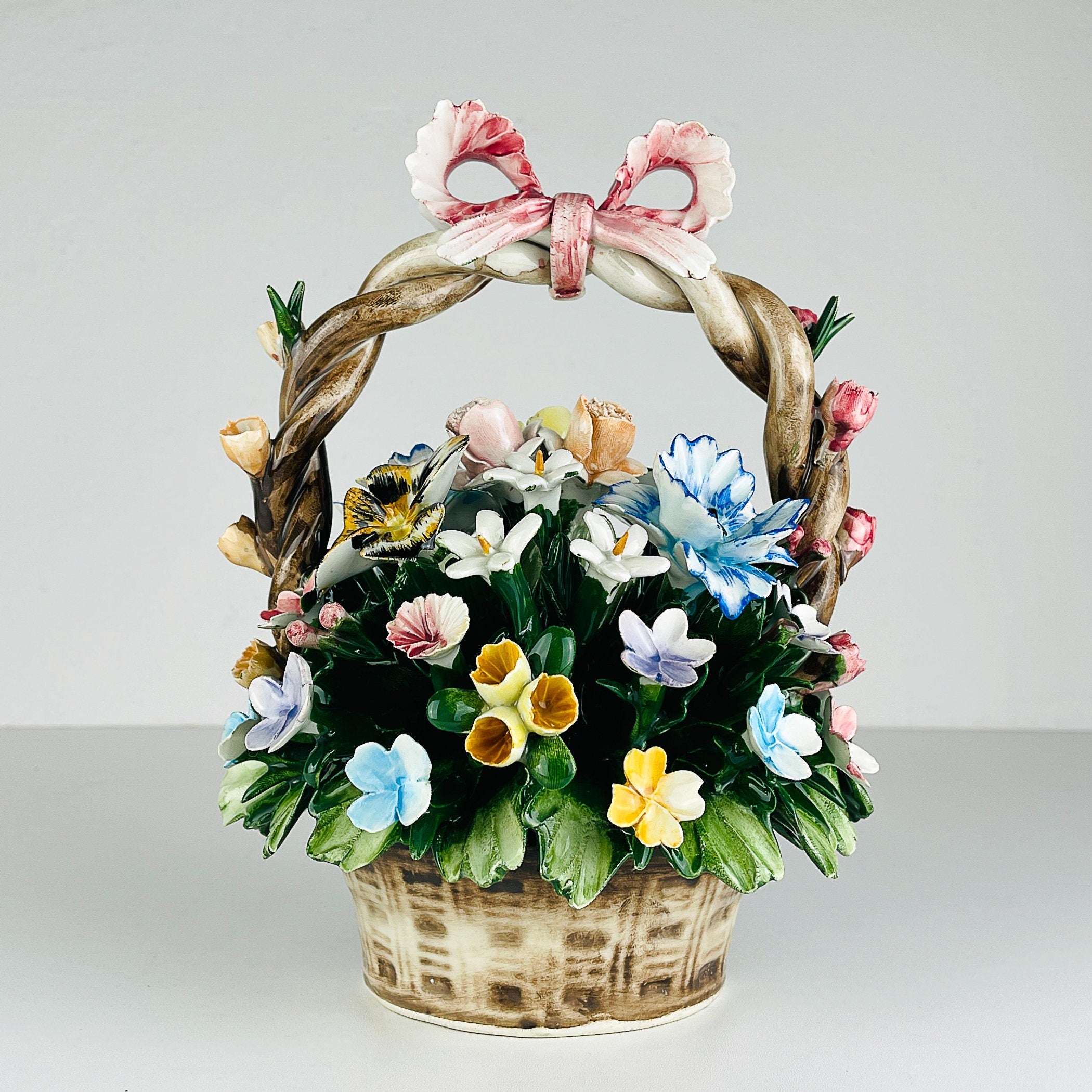 Vintage Capodimonte Ceramic Flower Basket by S. Rioleva, Italy 1960s