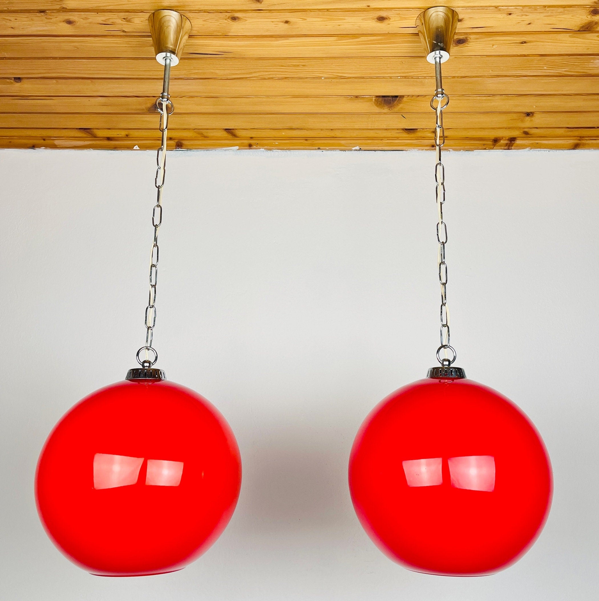 Vintage Red Glass Pendant Lamp: Mid Century Modern Lighting, Yugoslavia 1980s