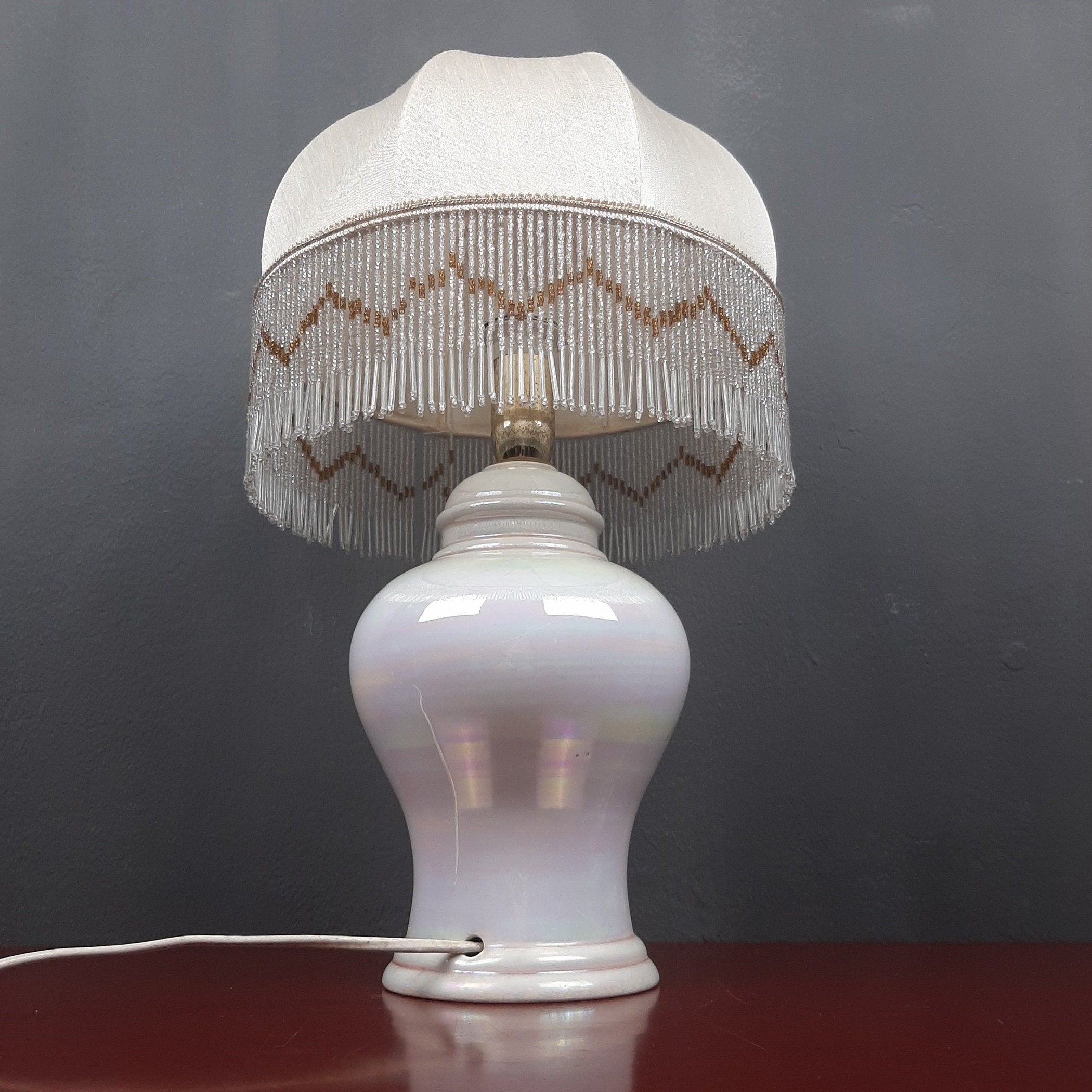 Vintage pearl ceramic table lamp Italy 1970s Retro lighting Mid-century modern