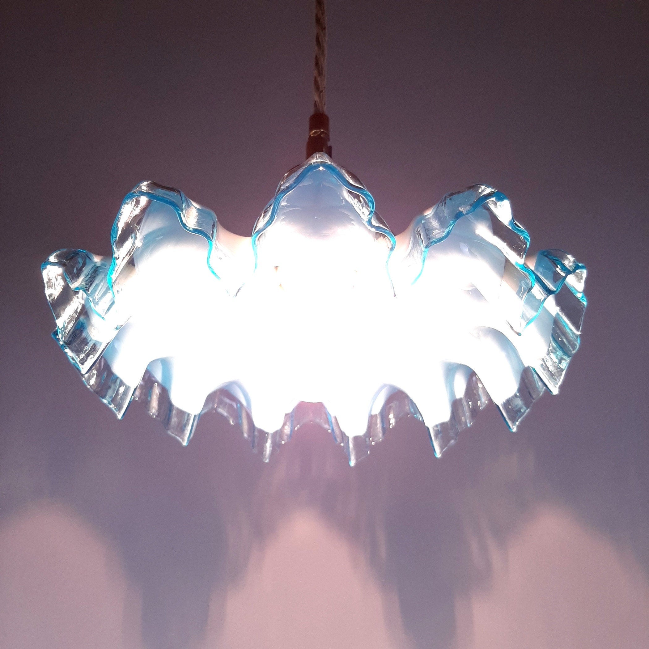 Vintage Italian Pendant Lamp: Blue & White Glass, Brass Accent, 1950s