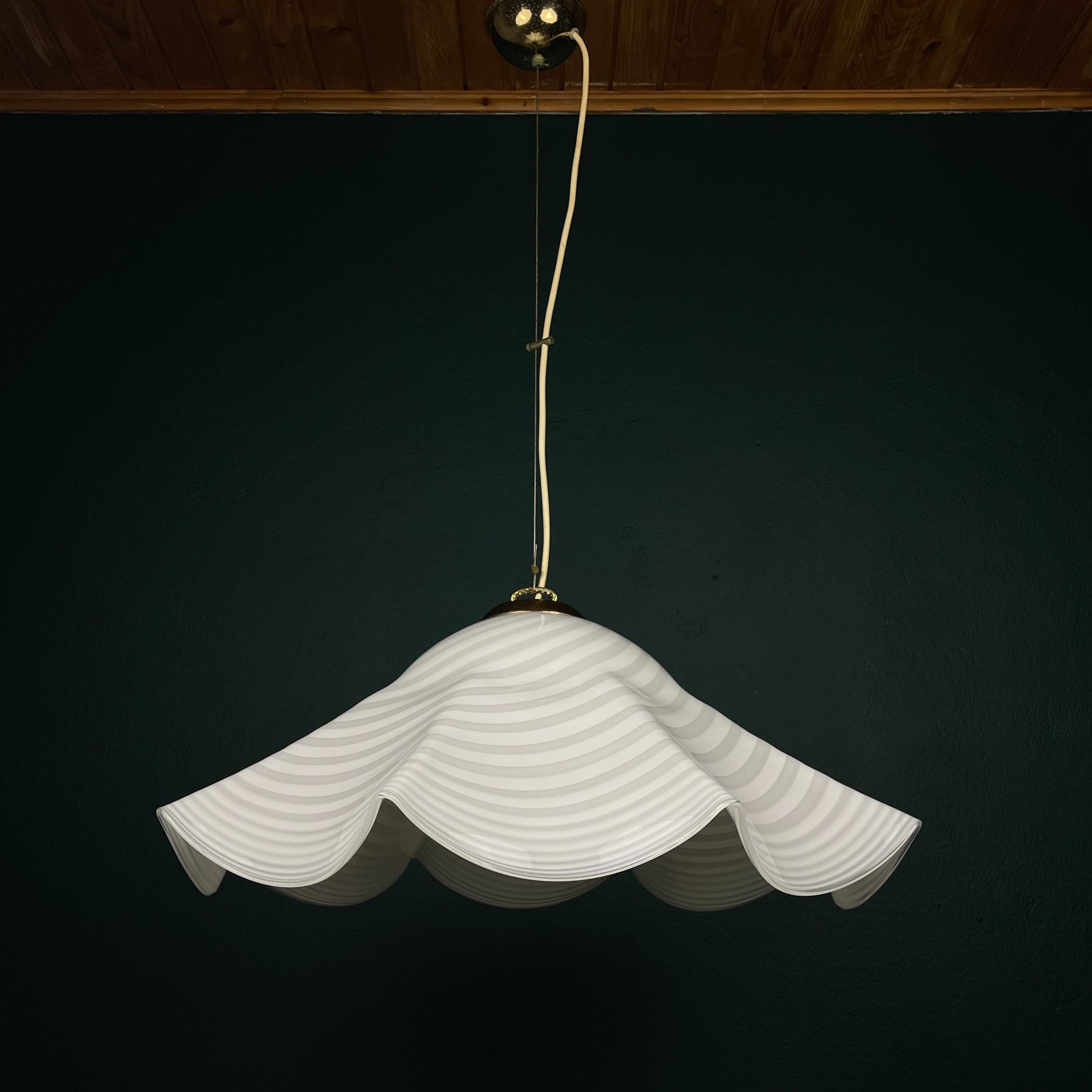 Vintage swirl white Murano glass pendant lamp, Italy 1970s