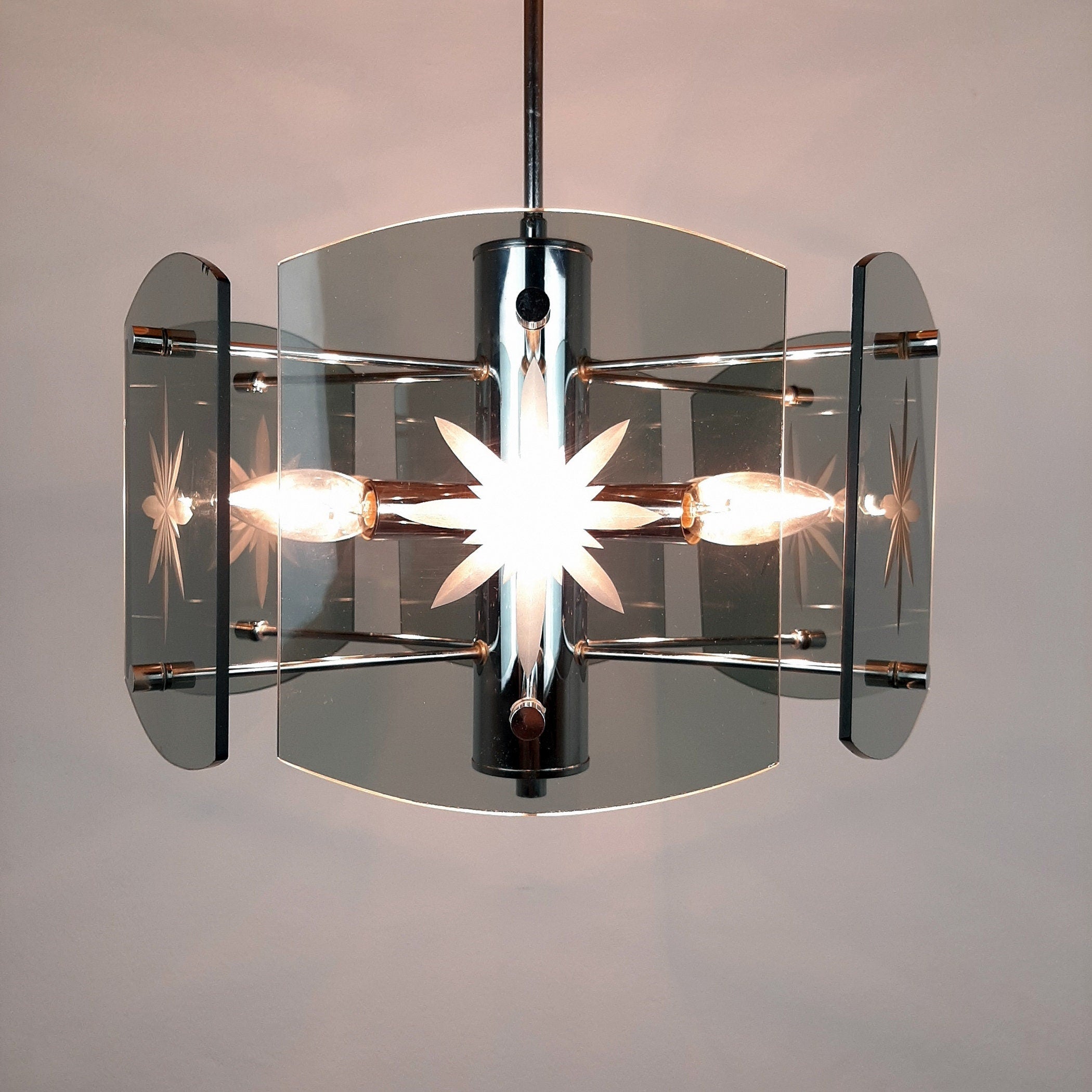Mid-Century Modern Smoked Glass Pendant Lamp: EMI Poljcane Yugoslavia '70s