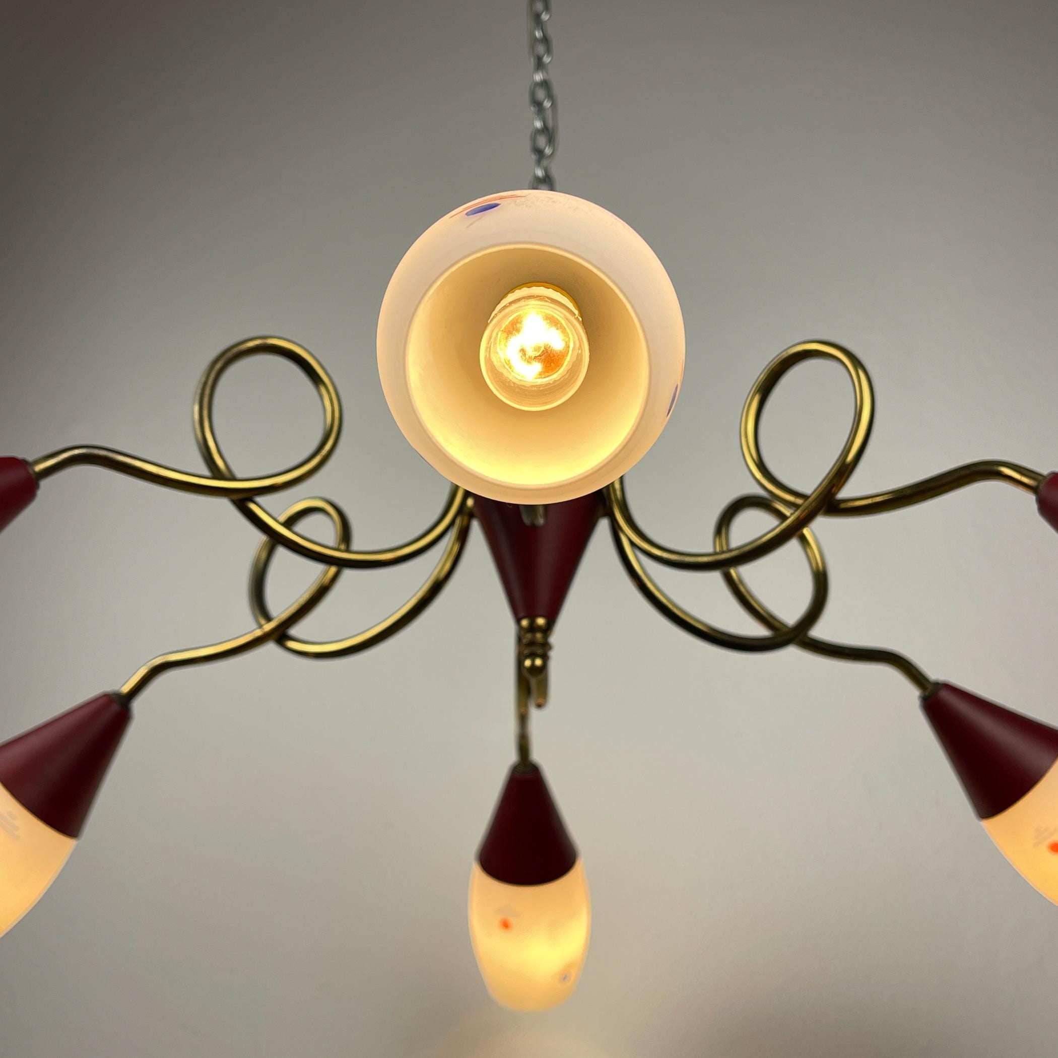 Vintage brass and murano glass chandelier by Stilnovo, Italy, 1960s, Italian Classic Design