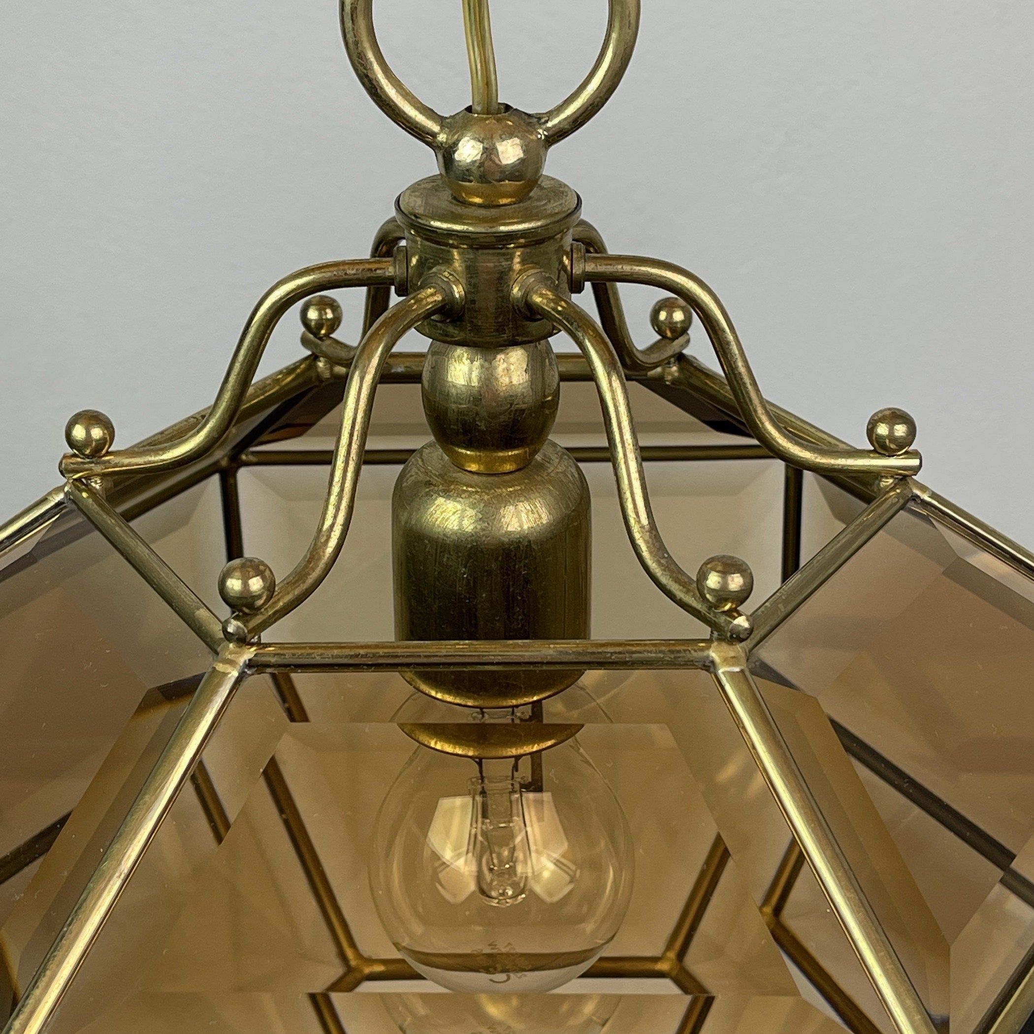 Vintage diamond pendant lamp Italy 1960s Gold brass hex crystal lamp