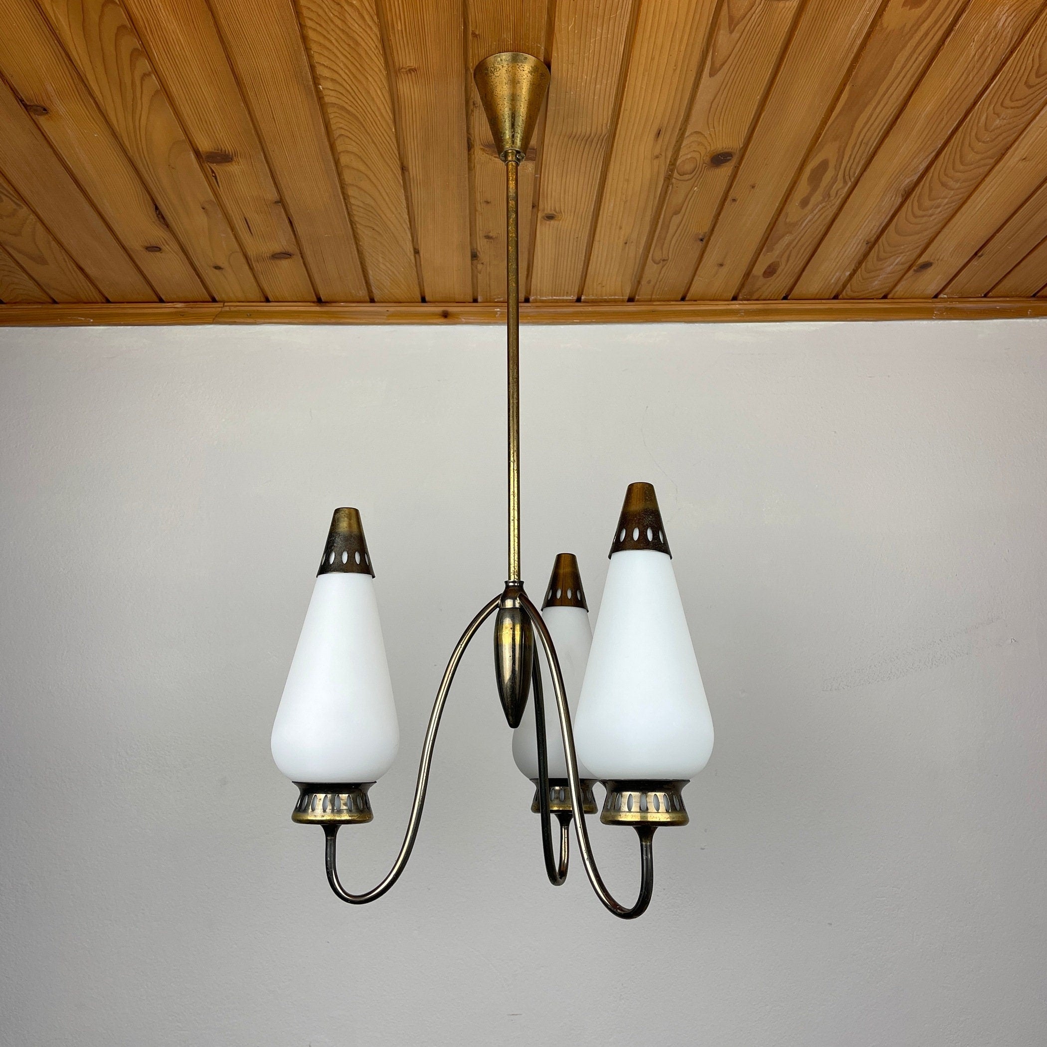 Vintage brass chandelier Italy 1950s Mid-century Art Deco design