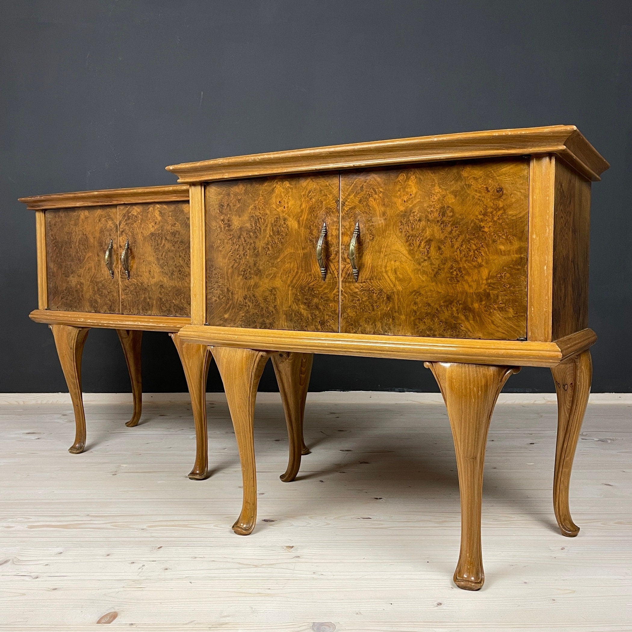 Pair of Vintage wood nightstands Italy 1950s mid-century wooden bedside table