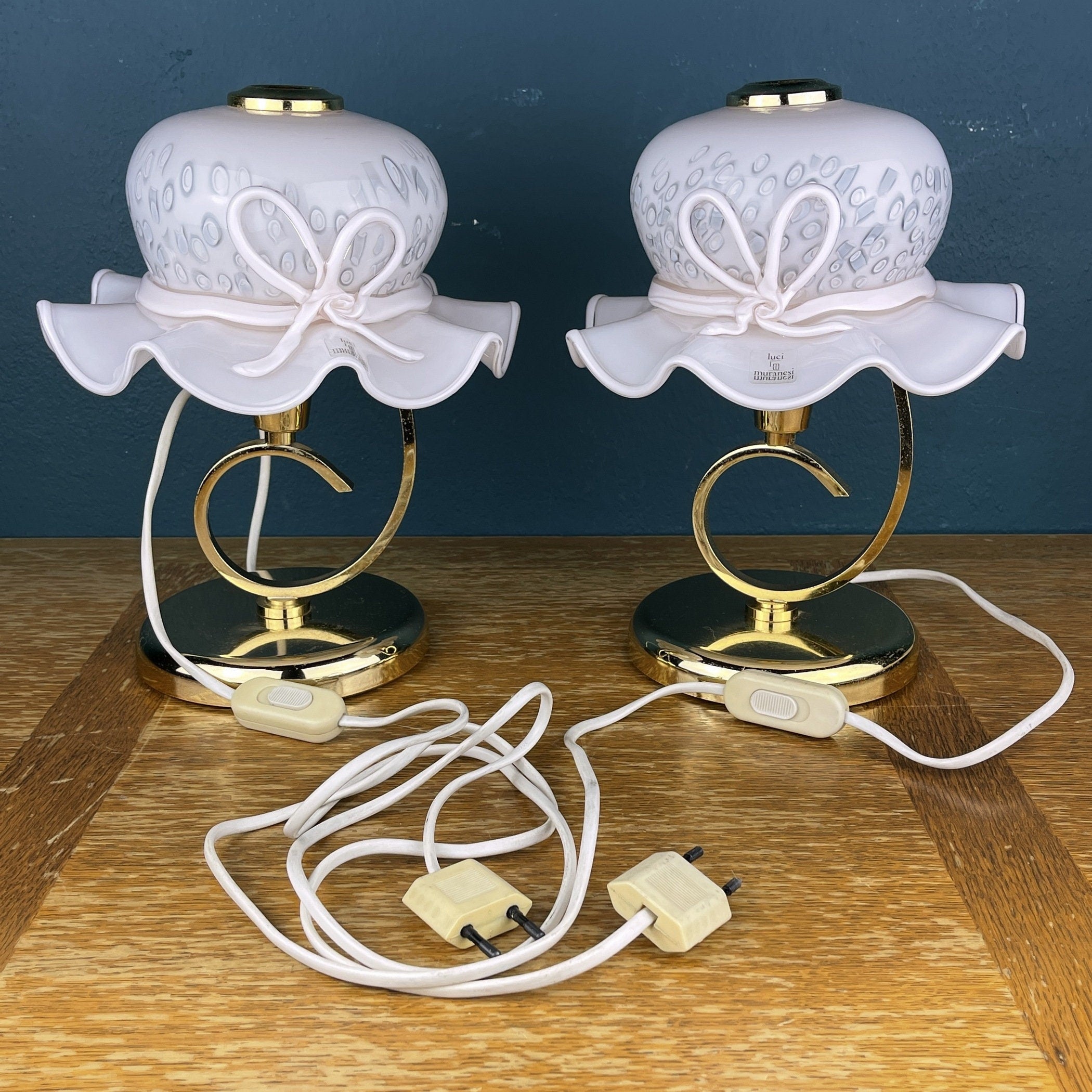 Pair of Pink Murano Glass Table Lamps: Italian Mid-Century Lighting