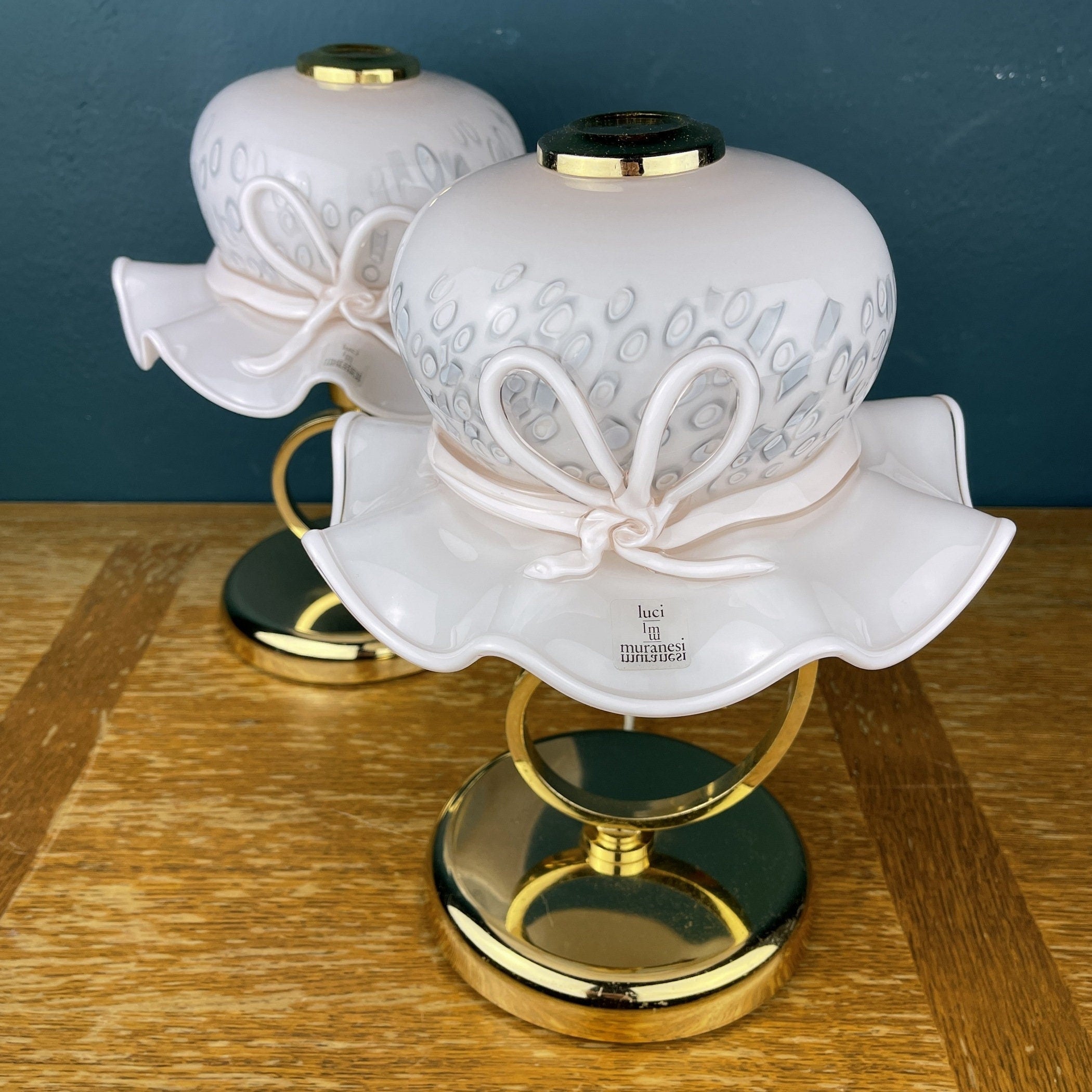 Pair of Pink Murano Glass Table Lamps: Italian Mid-Century Lighting