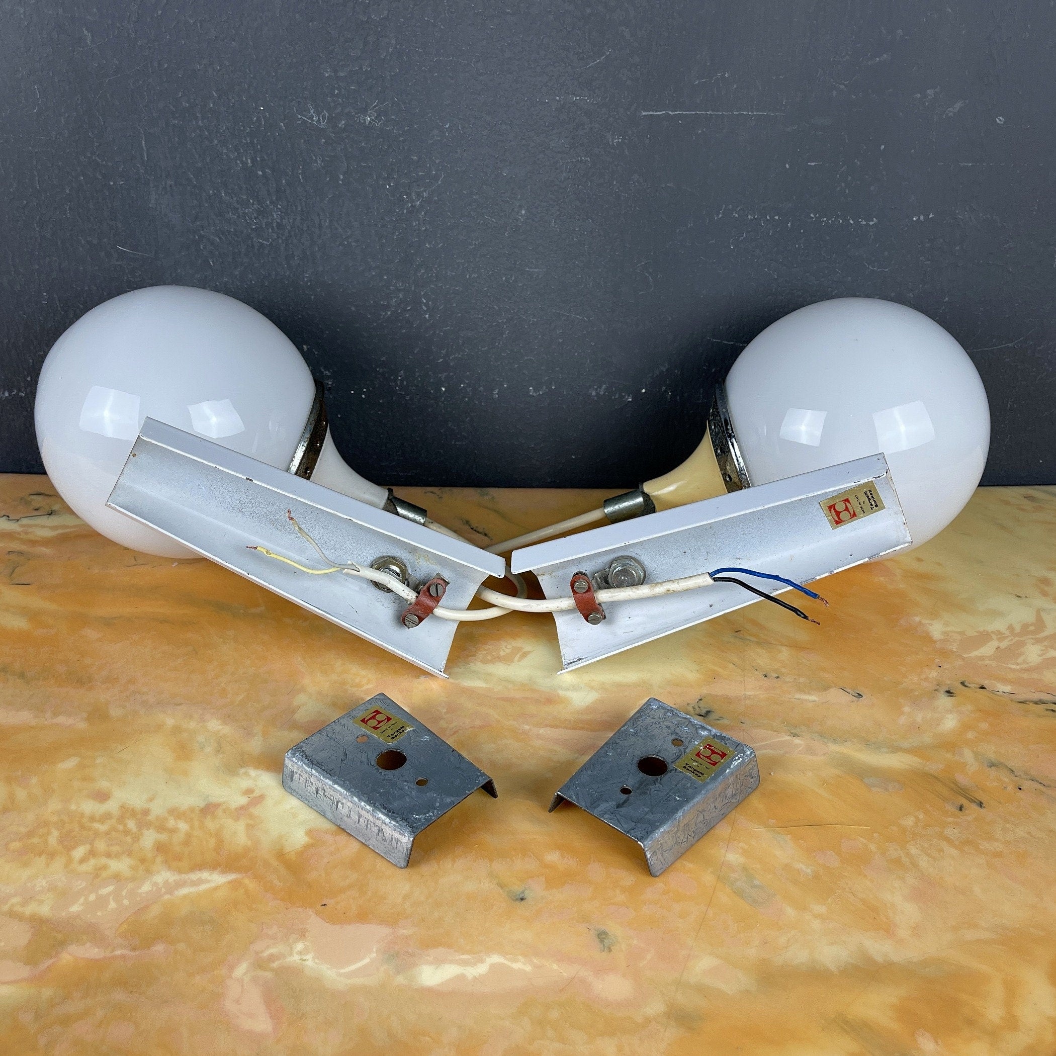 Pair of mid-century white sconces Targetti Sankey Italy 1960s Retro wall lamps space age