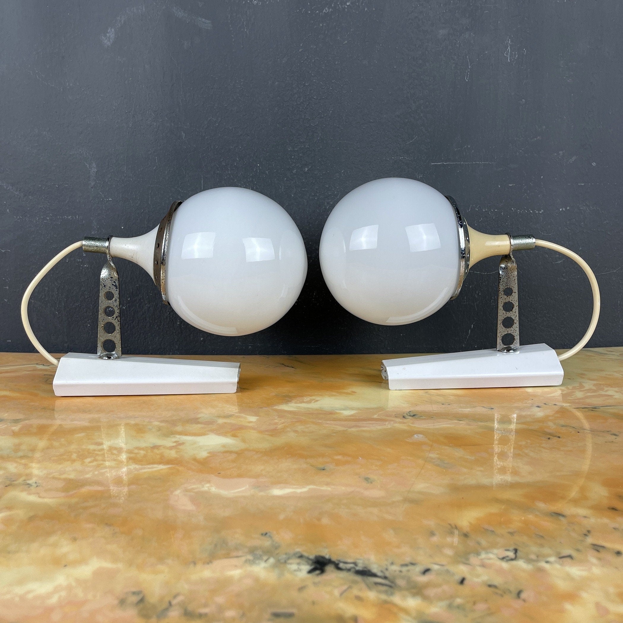 Pair of mid-century white sconces Targetti Sankey Italy 1960s Retro wall lamps space age