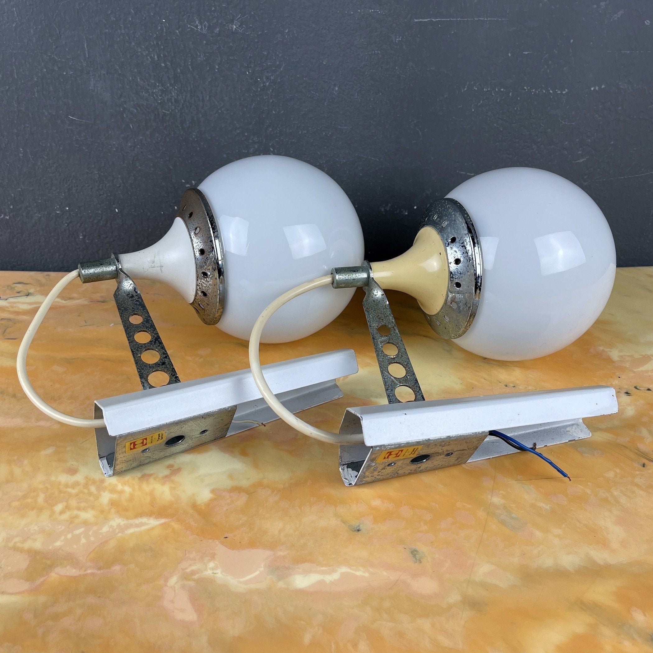 Pair of mid-century white sconces Targetti Sankey Italy 1960s Retro wall lamps space age