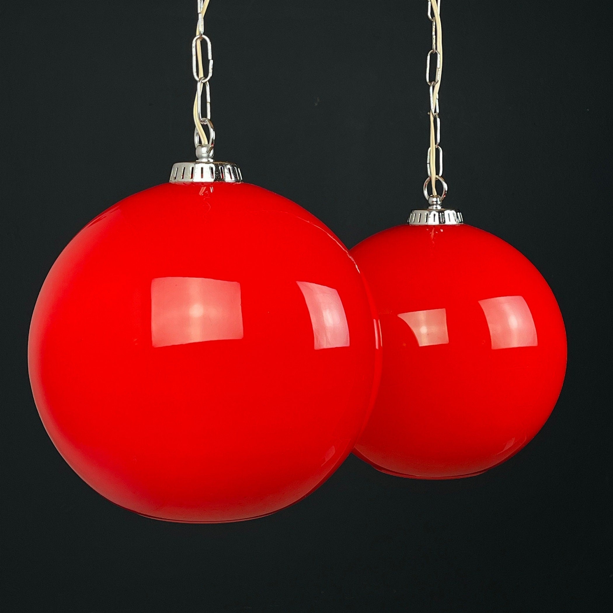 Vintage Red Glass Pendant Lamp: Mid Century Modern Lighting, Yugoslavia 1980s