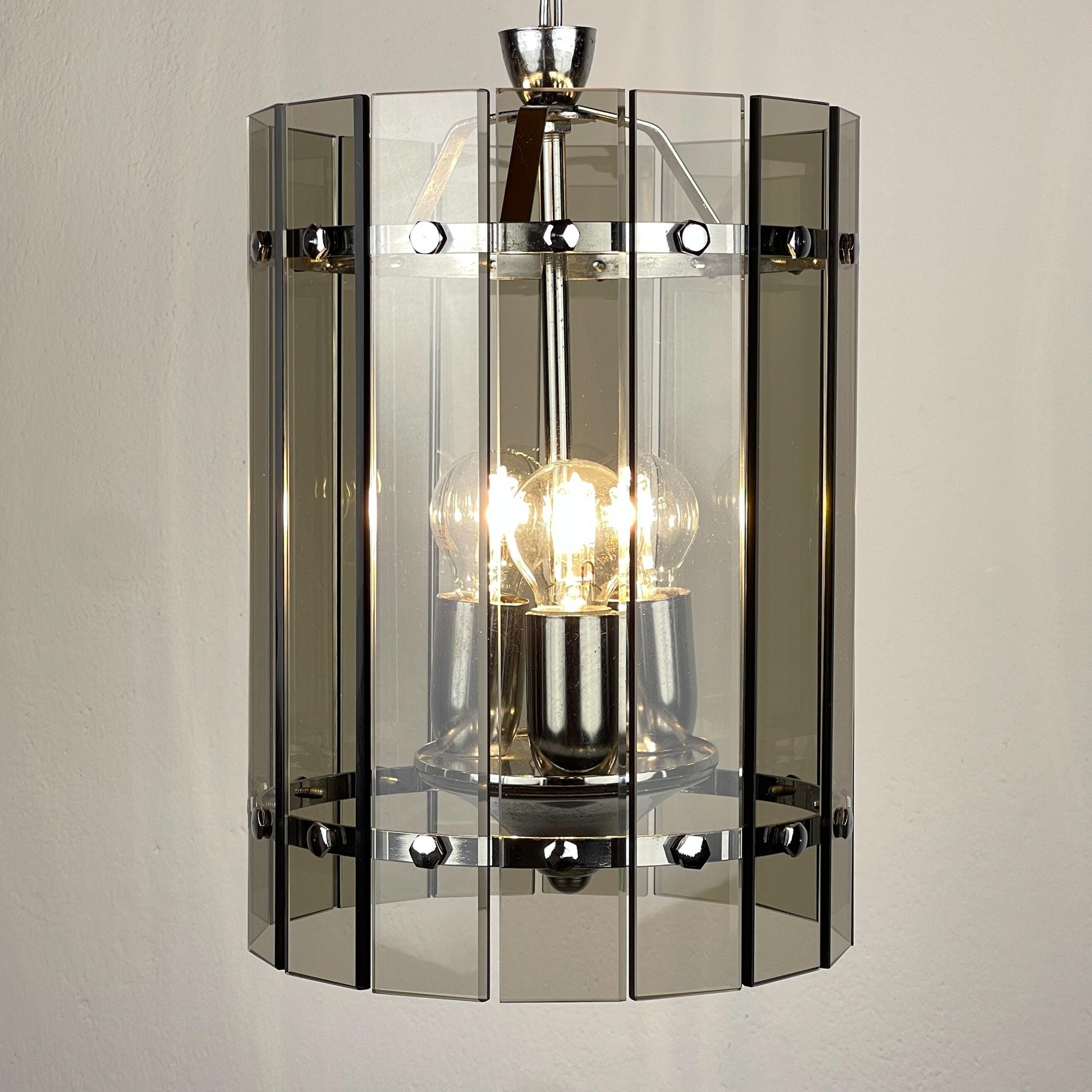 Mid-century smoked art glass pendant lamp by Veca, Italy 1970s, Vintage home decor