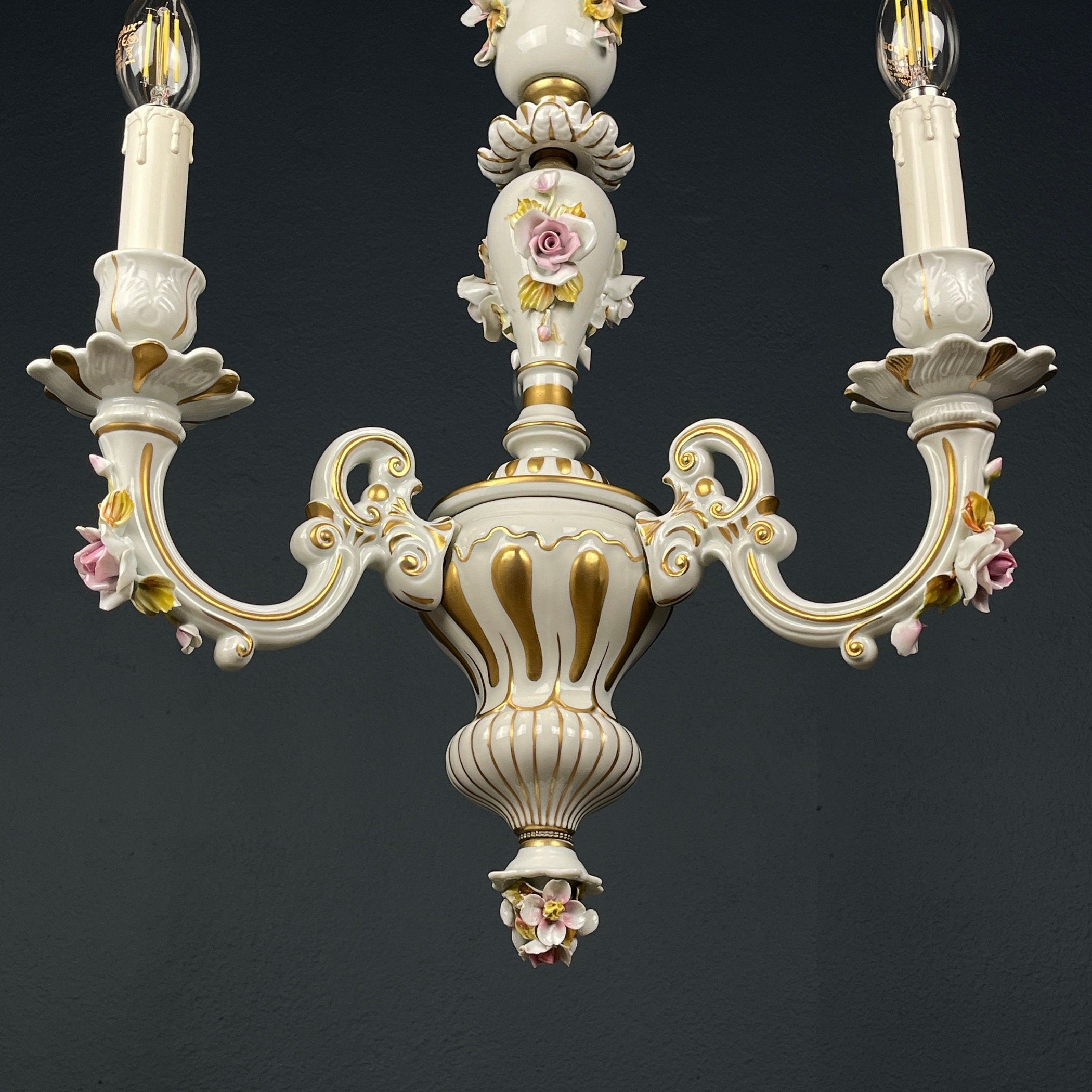 Vintage Capodimonte porcelain chandelier Italy 1940s  3 arm Baroque, Shabby chic design