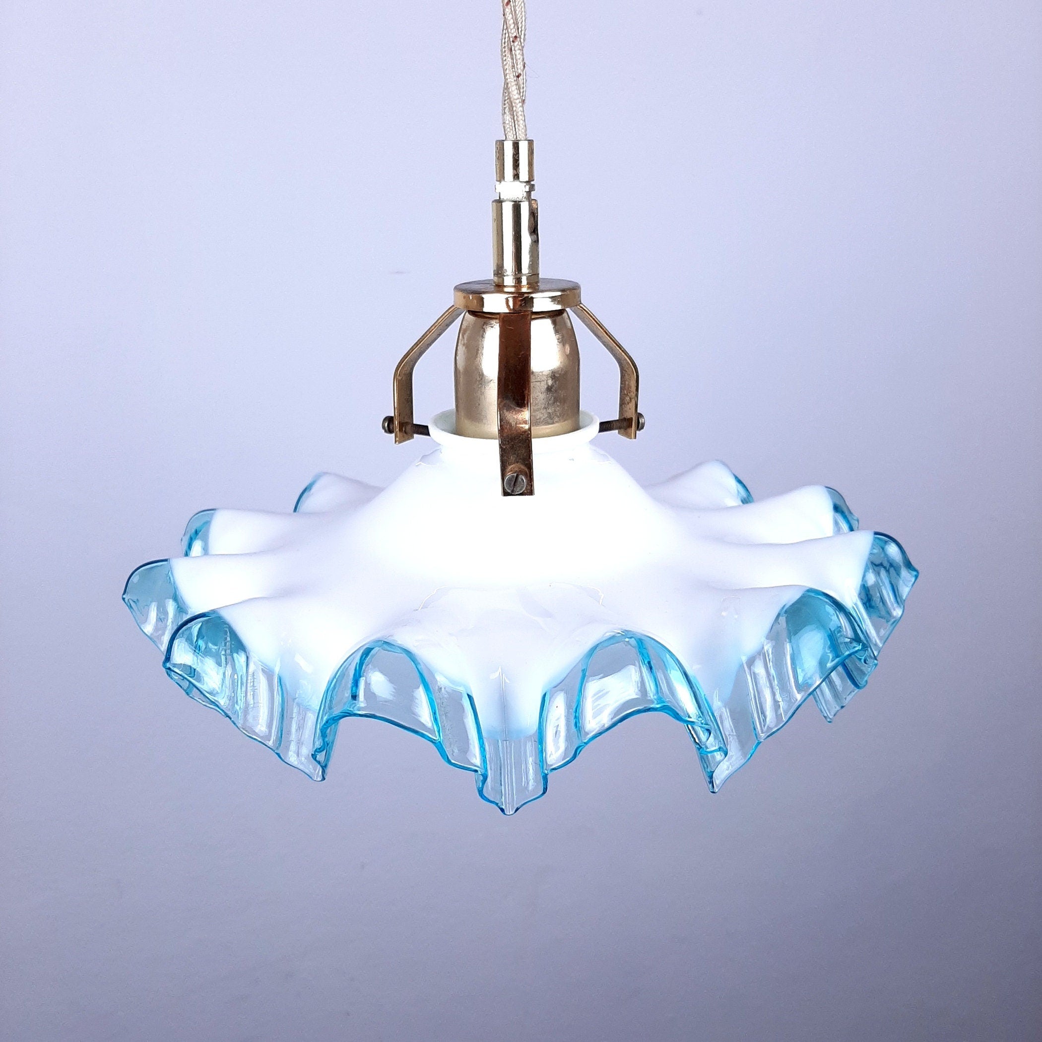 Vintage Italian Pendant Lamp: Blue & White Glass, Brass Accent, 1950s