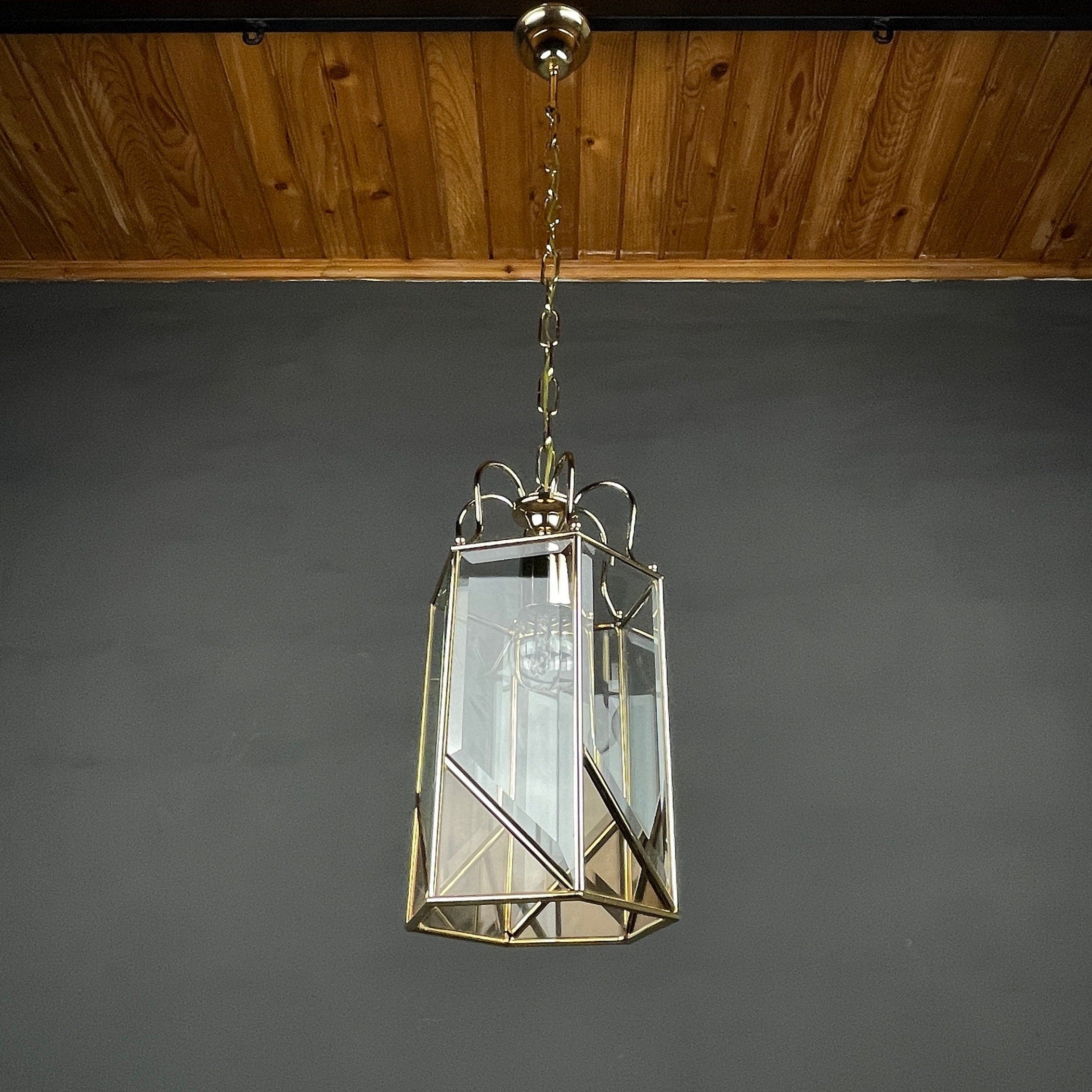 Vintage pendant lamp Italy '60s Brass Polished Glass Retro lighting Mid-century italian modern