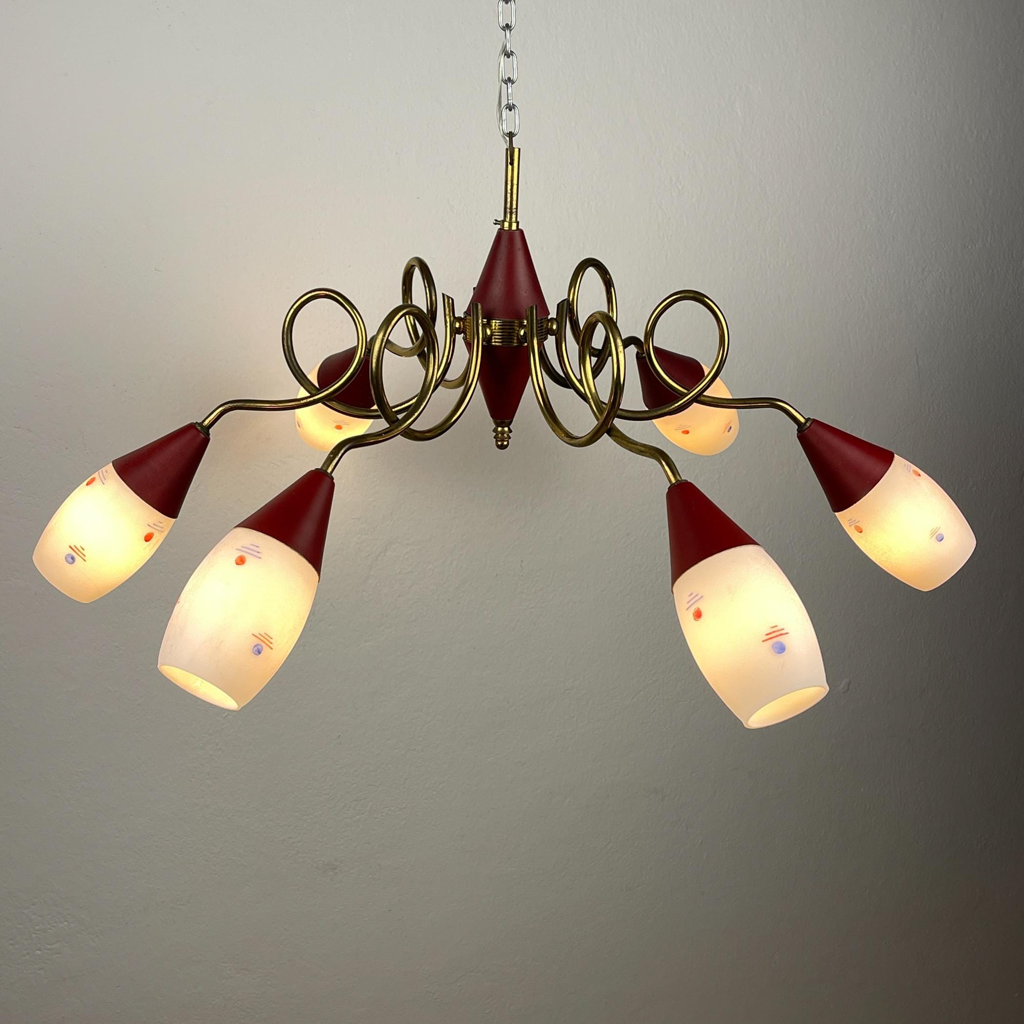 Vintage brass and murano glass chandelier by Stilnovo, Italy, 1960s, Italian Classic Design