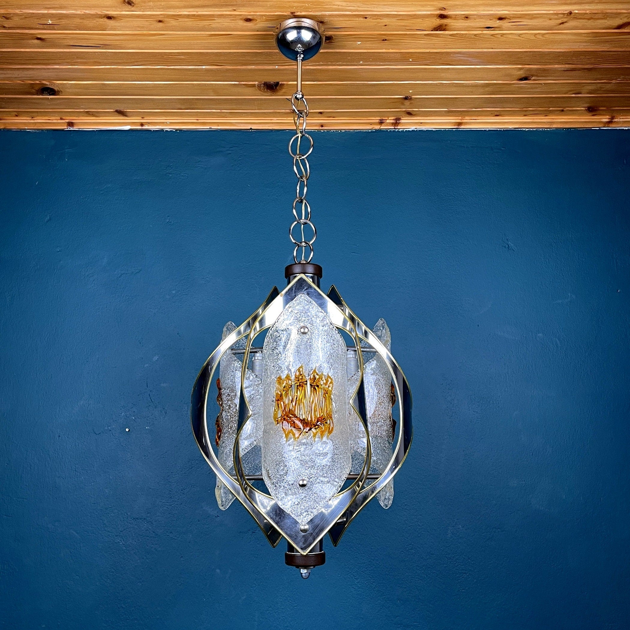 Vintage Amber Murano Glass Chandelier: Mazzega Toni Zuccheri, Italy 1970s