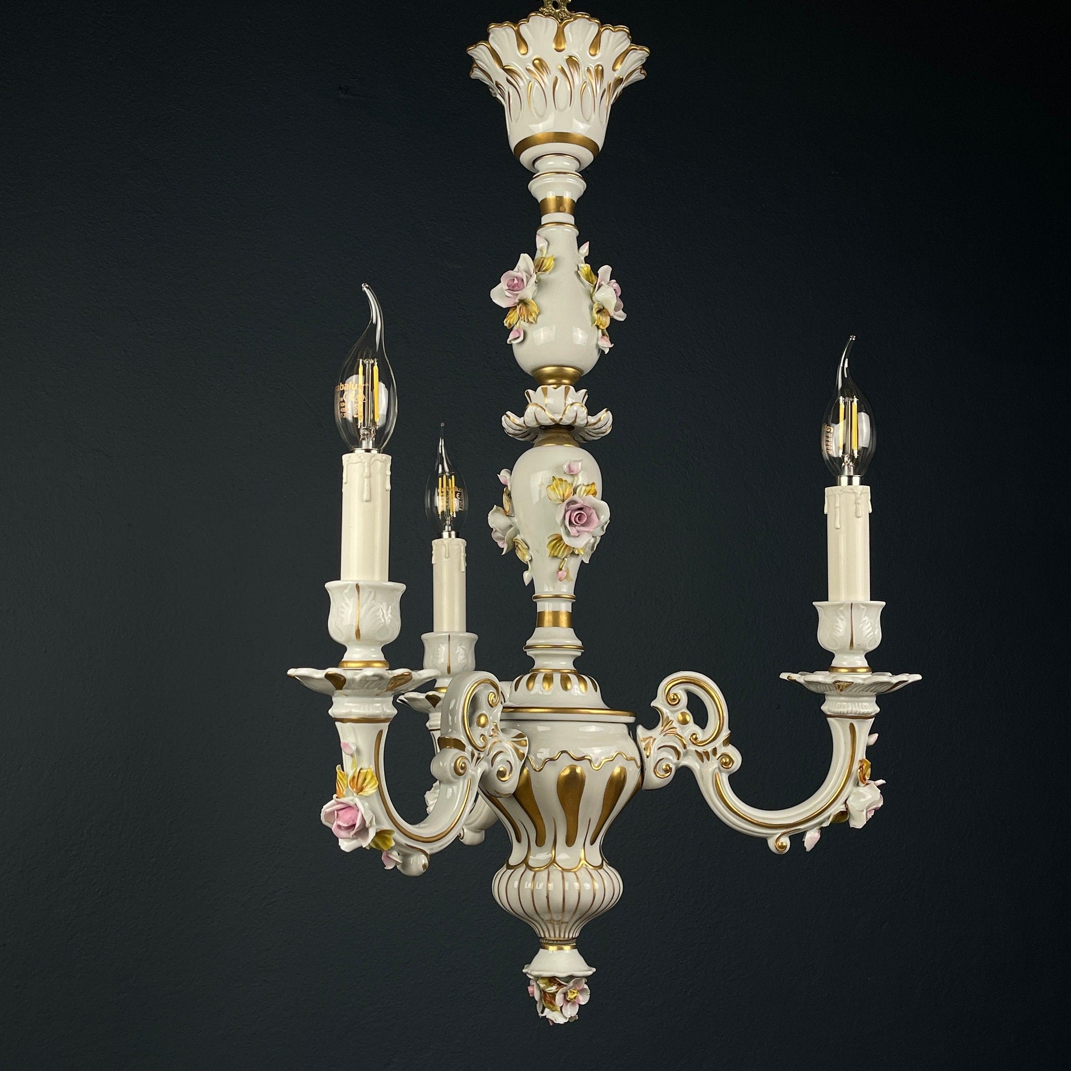 Vintage Capodimonte porcelain chandelier Italy 1940s  3 arm Baroque, Shabby chic design