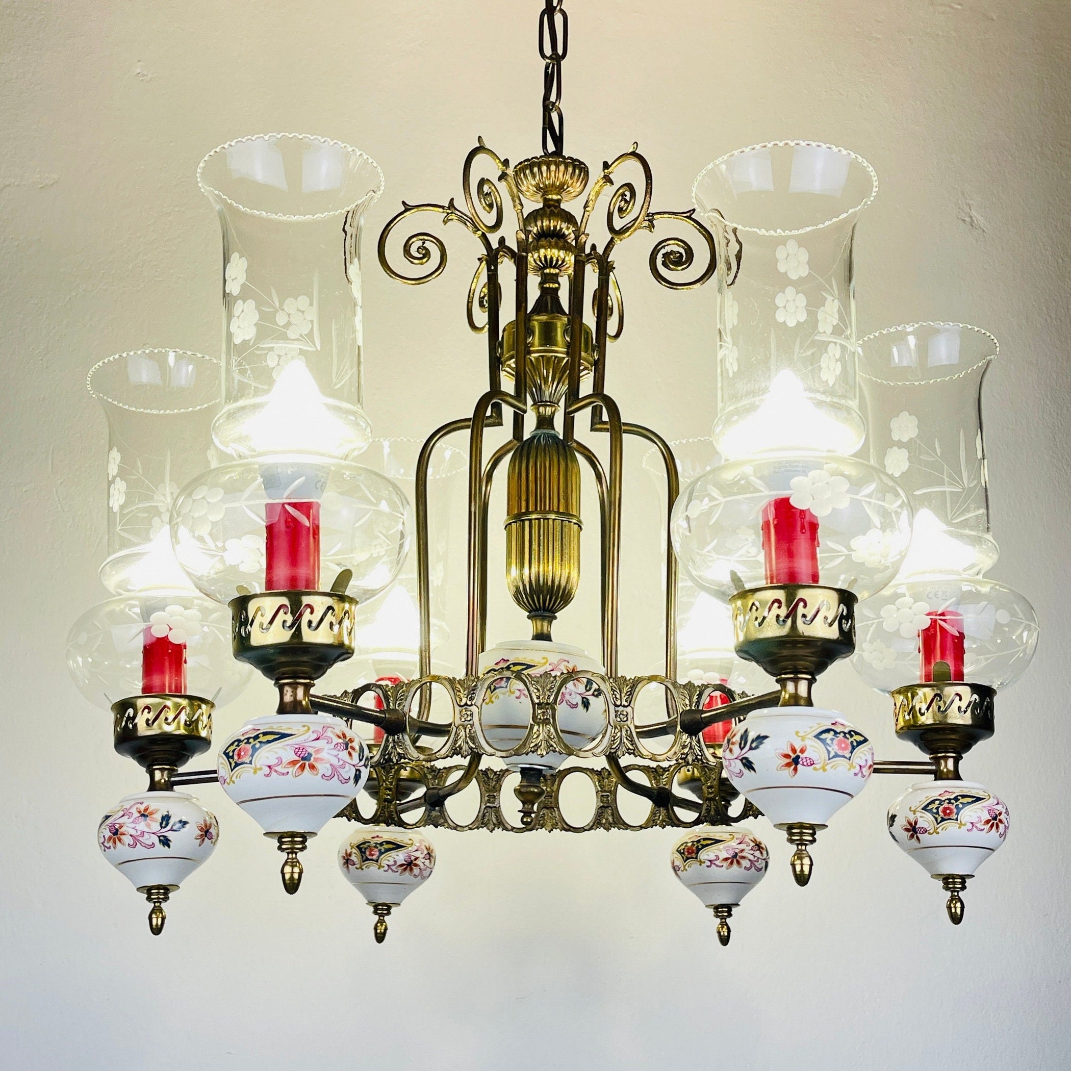 Vintage porcelain and brass chandelier Italy 1930s