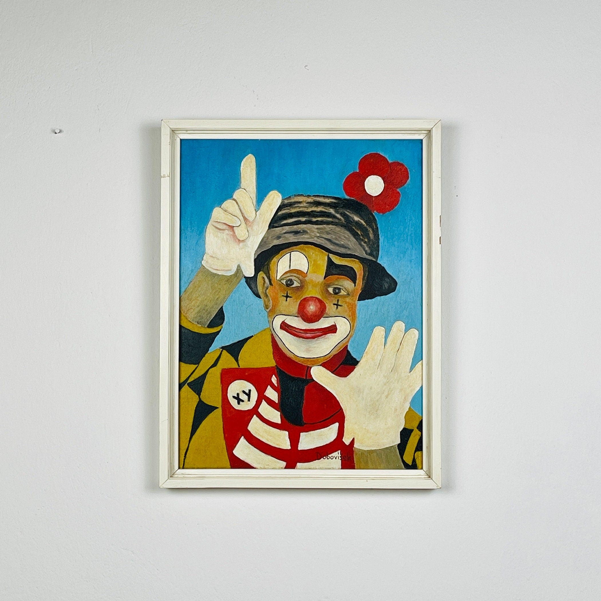Vintage Naive Art "Sad Clown" Oil Painting by Oto Dobovišek, 1980s Yugoslavia