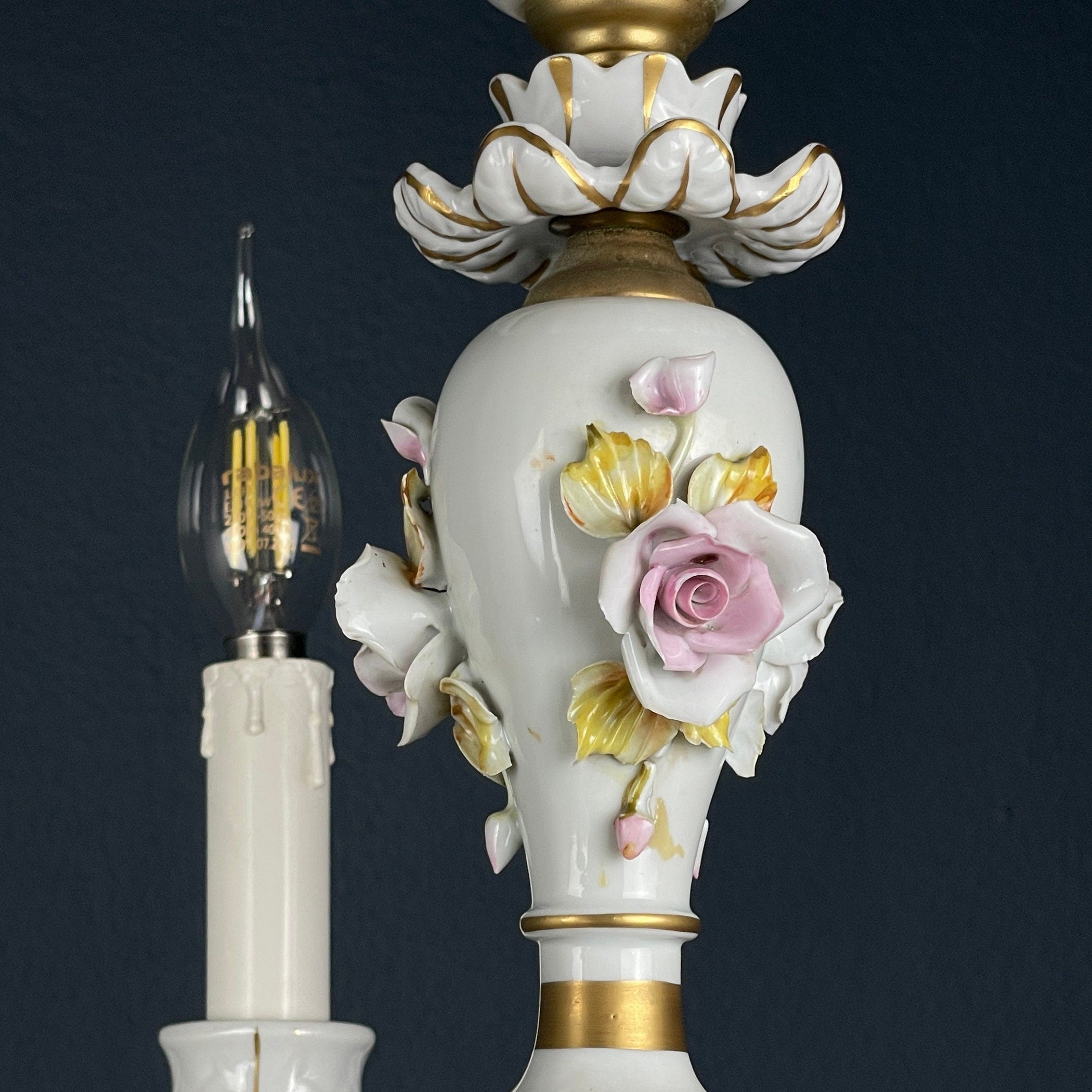 Vintage Capodimonte porcelain chandelier Italy 1940s  3 arm Baroque, Shabby chic design