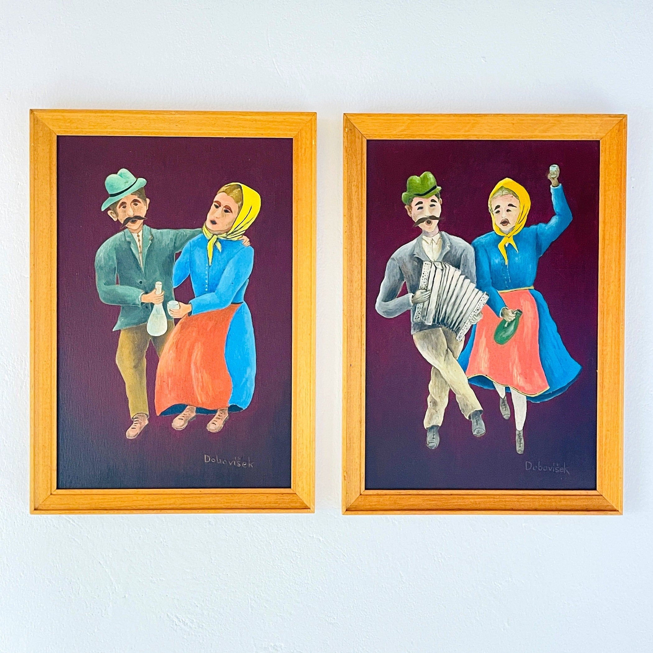 Vintage Folk Art Oil Painting Diptych: Yugoslavia Naive Art, 1970s
