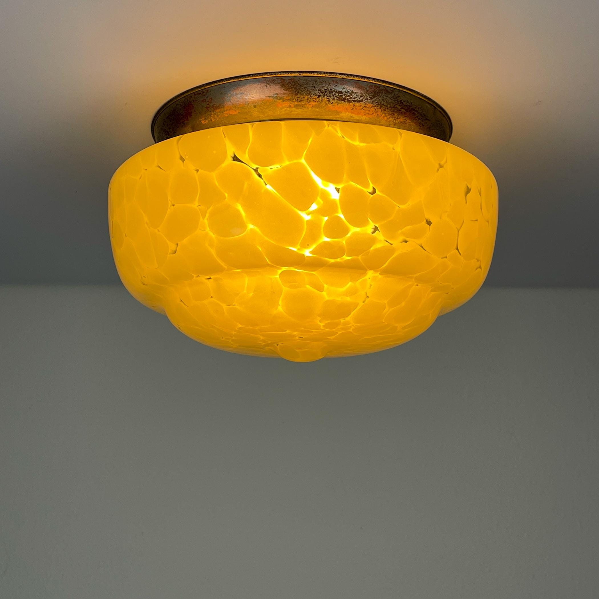Art Deco yellow glass ceiling lamp, Italy 1950s, Vintage home decor