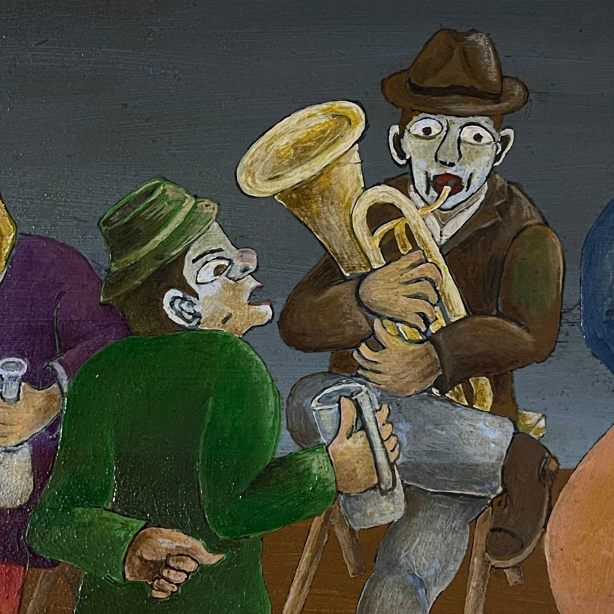 Vintage Naive Art Oil Painting: Rural Feast, Yugoslavia Folk Art