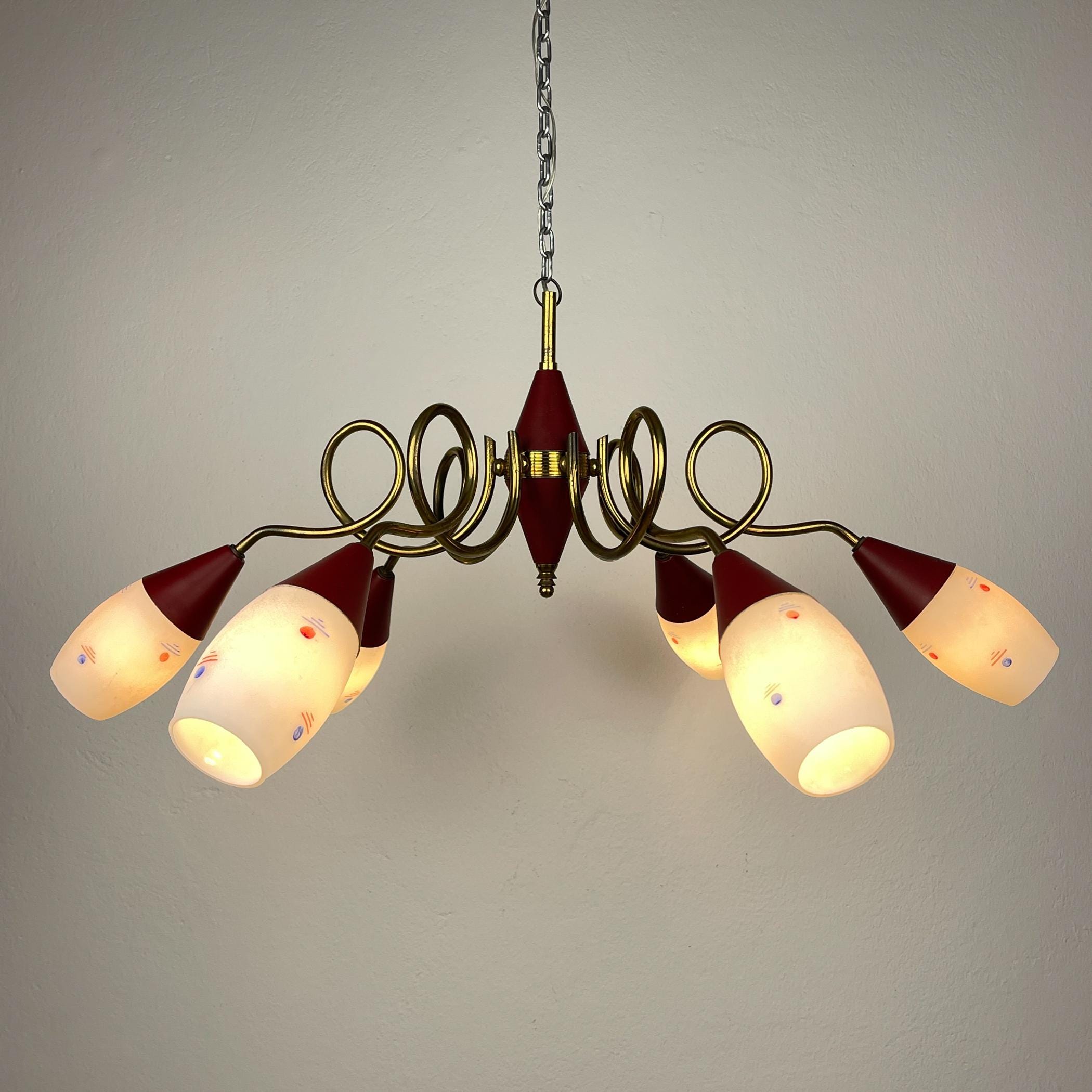 Vintage brass and murano glass chandelier by Stilnovo, Italy, 1960s, Italian Classic Design