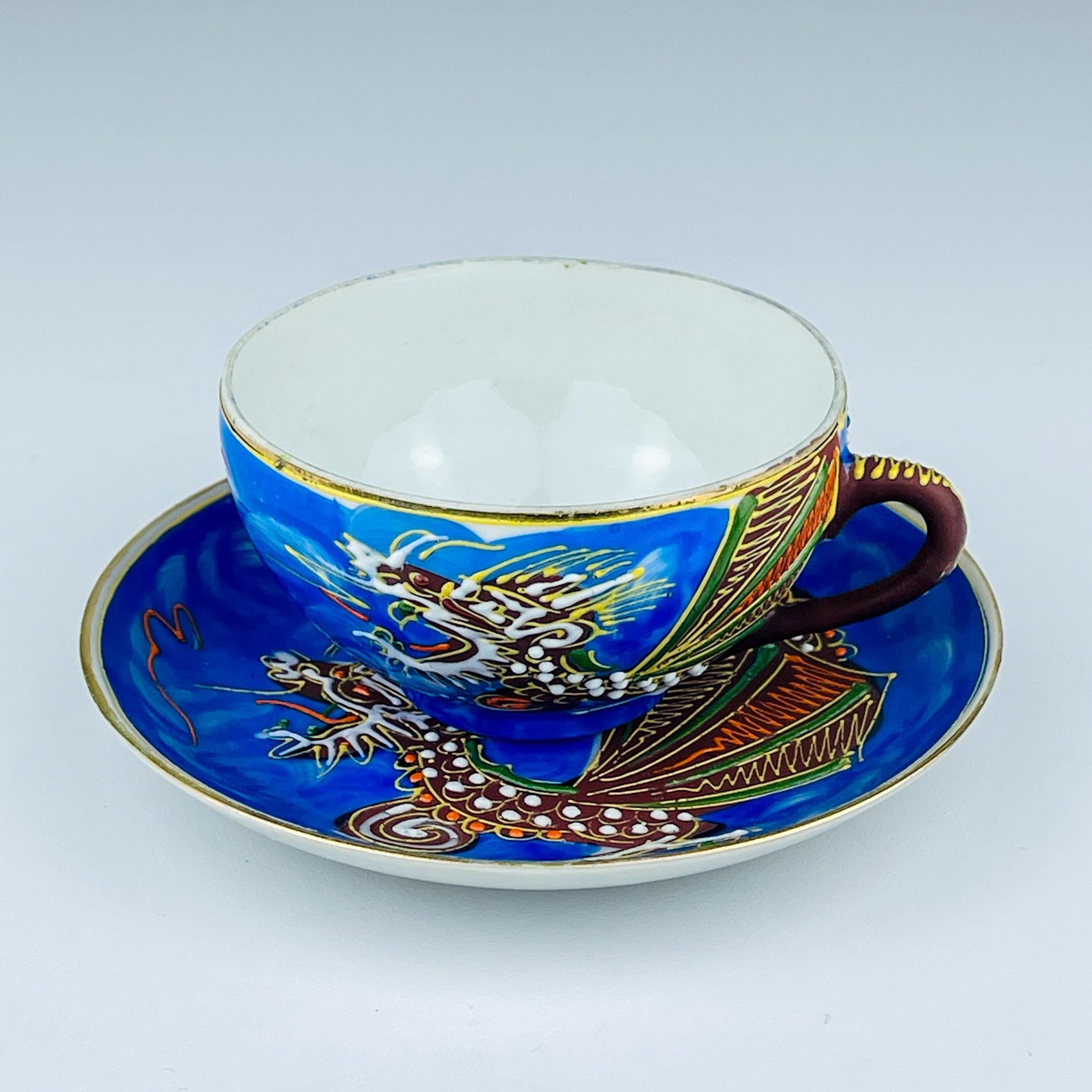 Vintage Japanese Lithophane Geisha porcelain coffee set Blue Dragon, 1950s