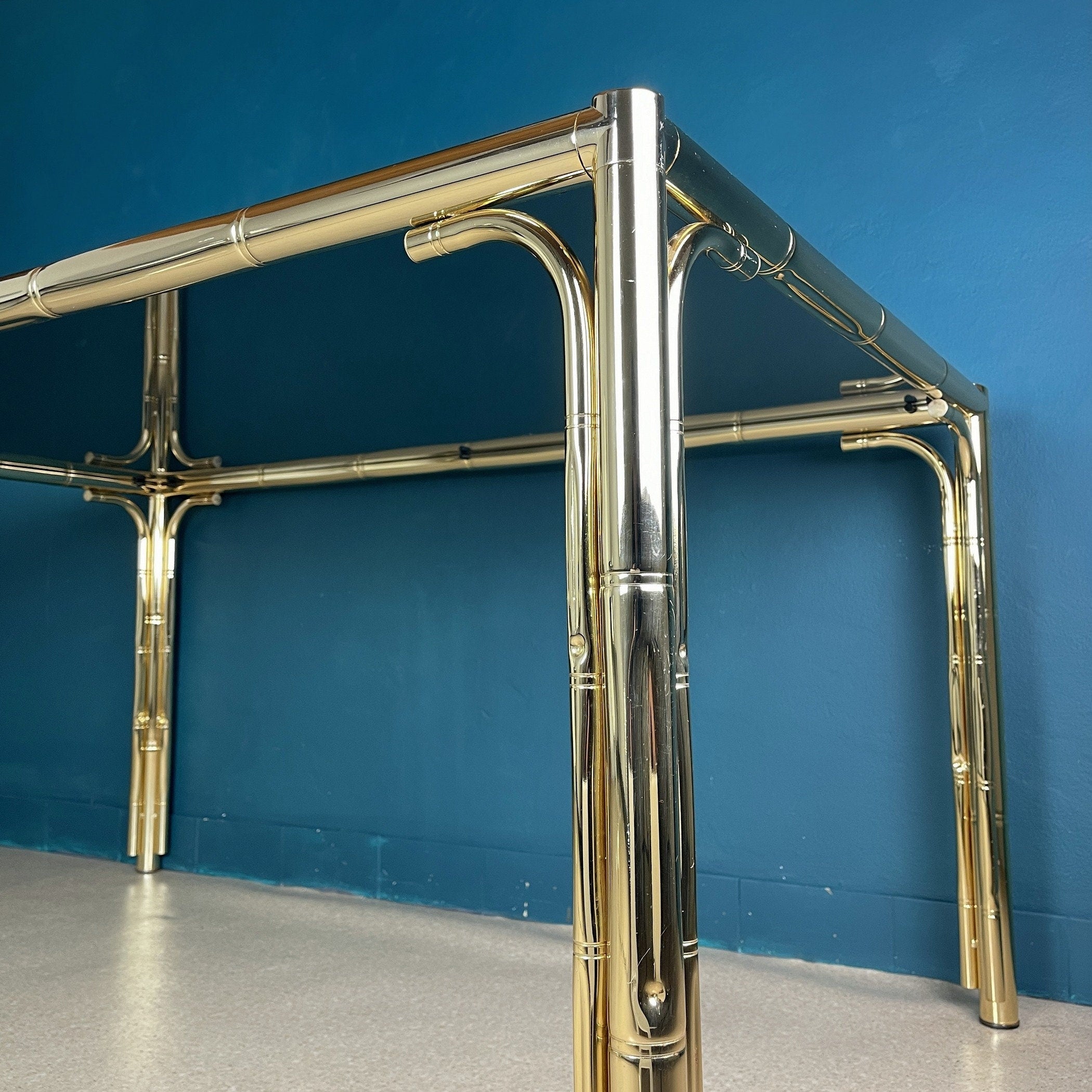 Vintage Brass Faux Bamboo Dining Set: 4 Chairs & Smoked Glass Table, France 1970s