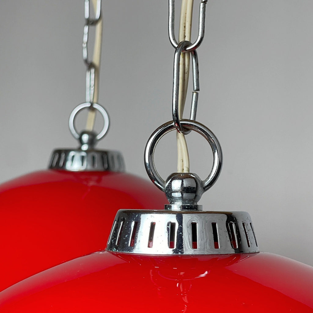 Vintage Red Glass Pendant Lamp: Mid Century Modern Lighting, Yugoslavia 1980s