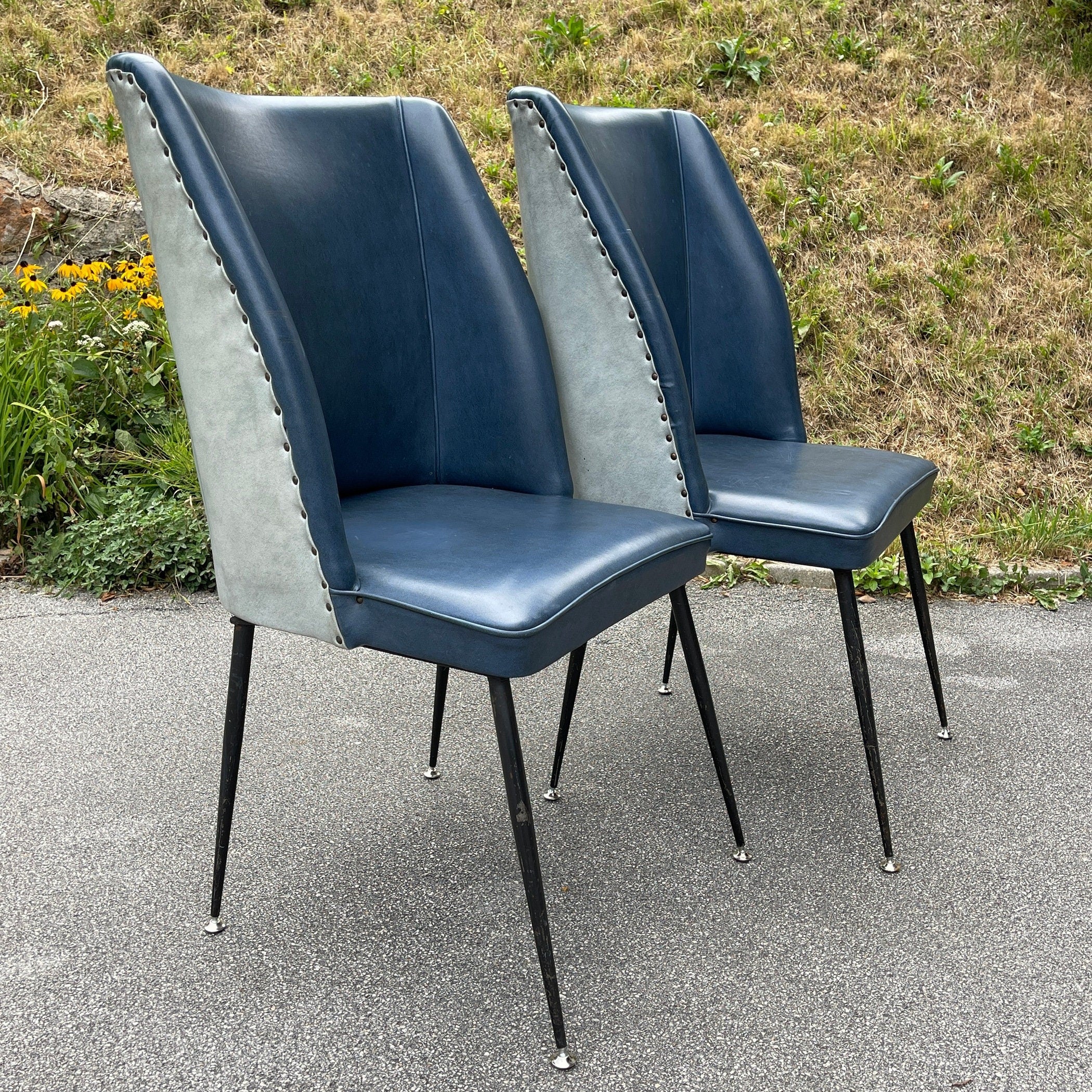 Vintage blue dining chairs, Italy 1950s, Mid-century modern, Set of 2
