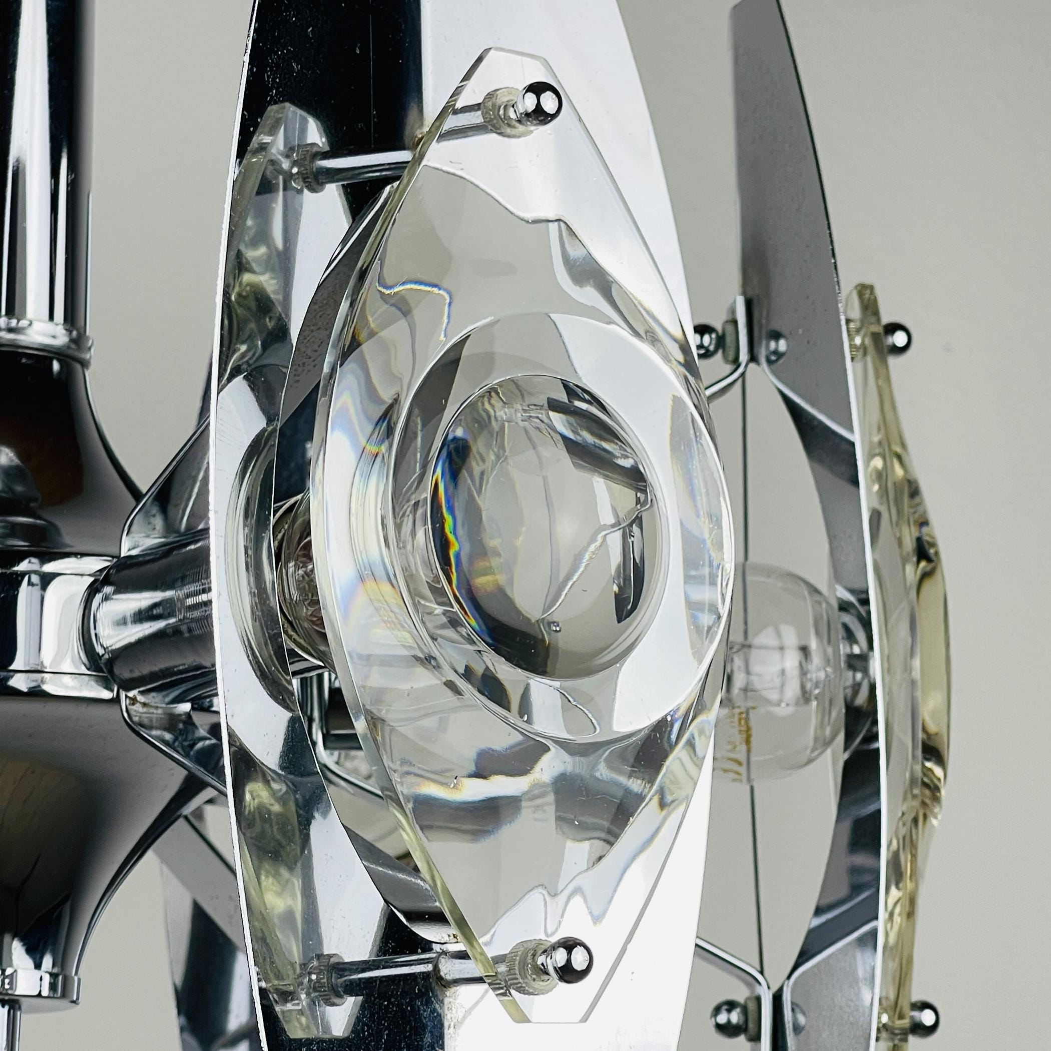 Chrome and Glass Lens Chandelier by Oscar Torlasco Italy 1960s, Vintage home decor