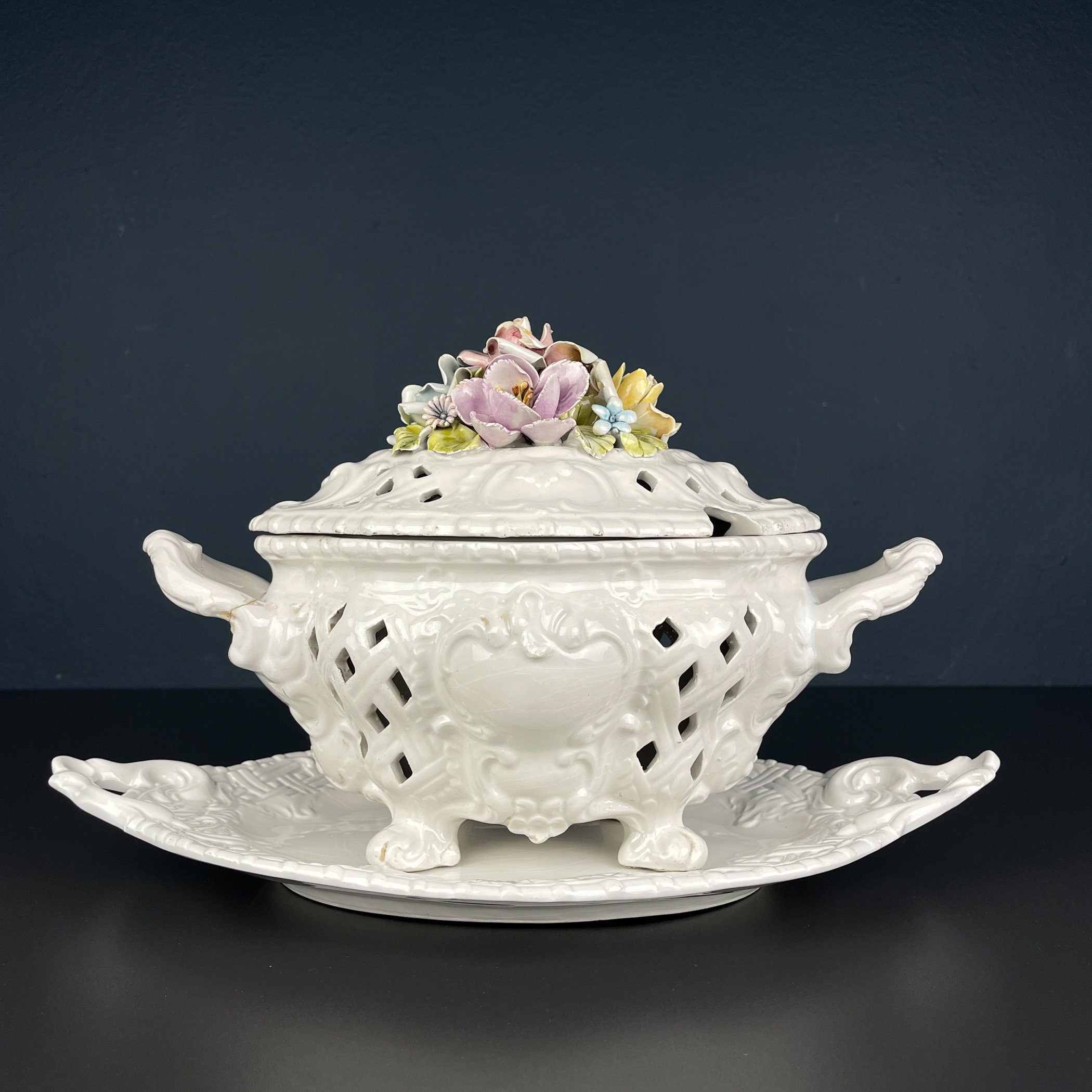 Vintage Bassano Italy Ceramic Tureen with Floral Lid, 1950s Decor