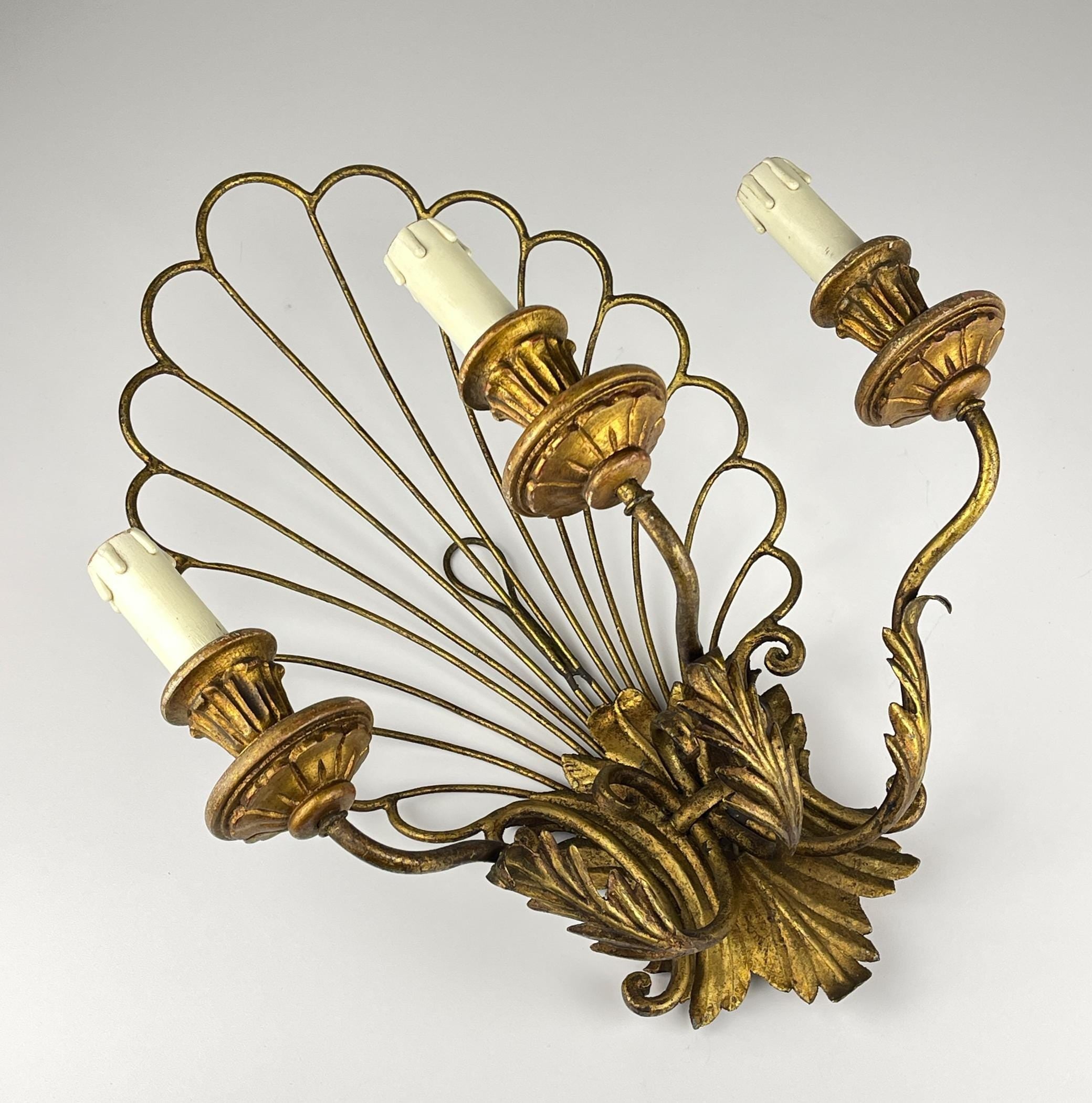 Antique bronze wall lamp 3 arm, Italy 1930s, Vintage home decor