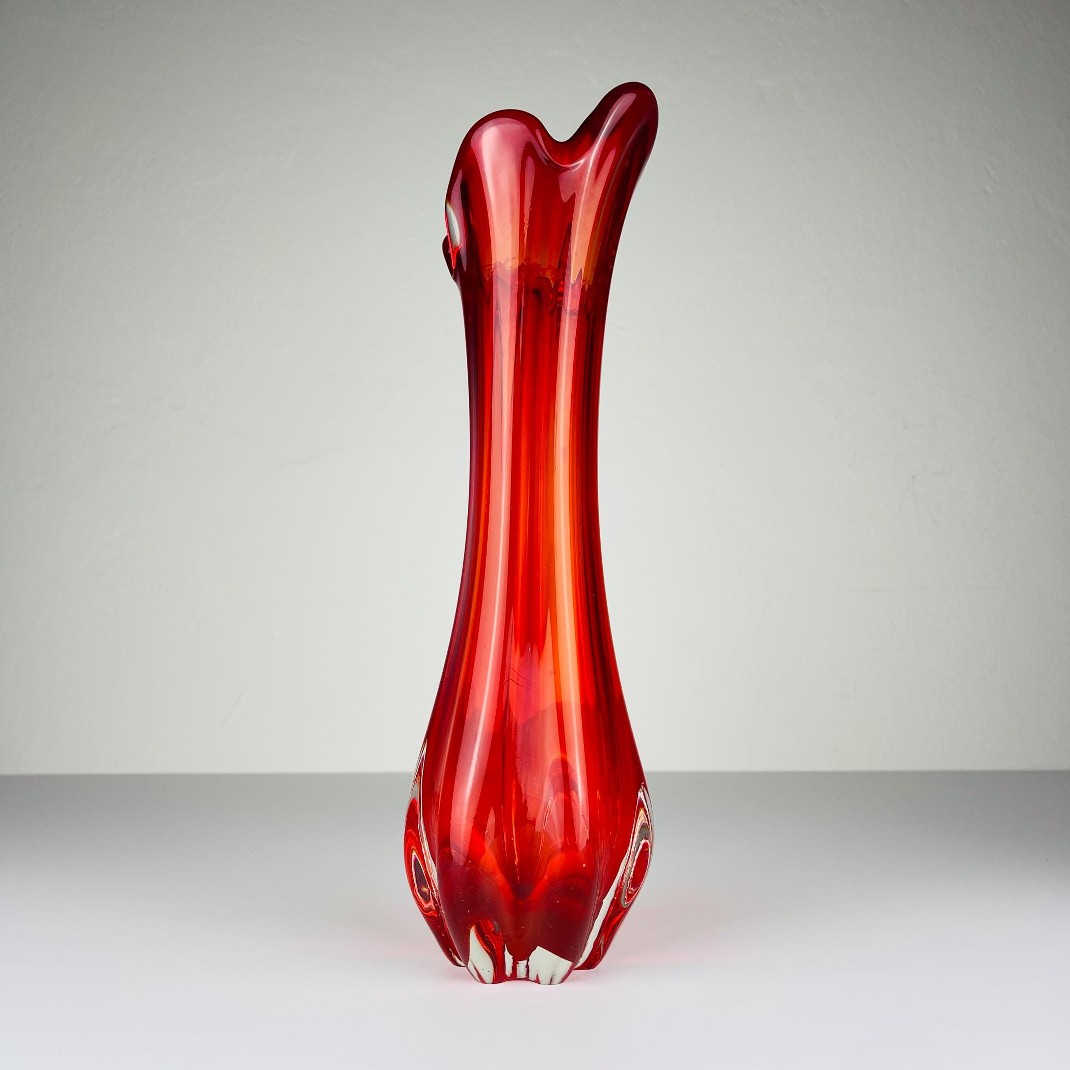 Mid-century red glass vase, Italy 1970s, Vintage home decor