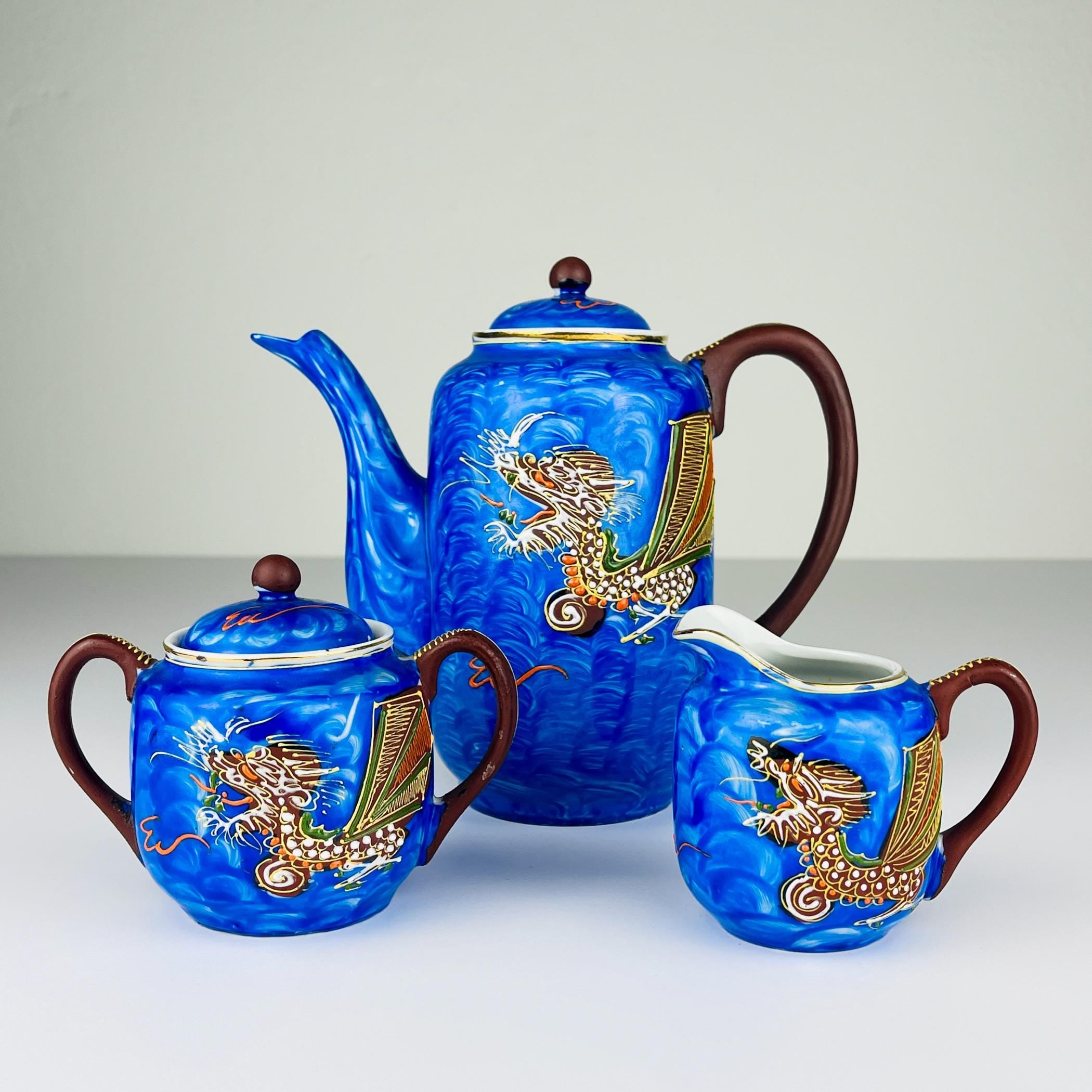 Vintage Japanese Lithophane Geisha porcelain coffee set Blue Dragon, 1950s