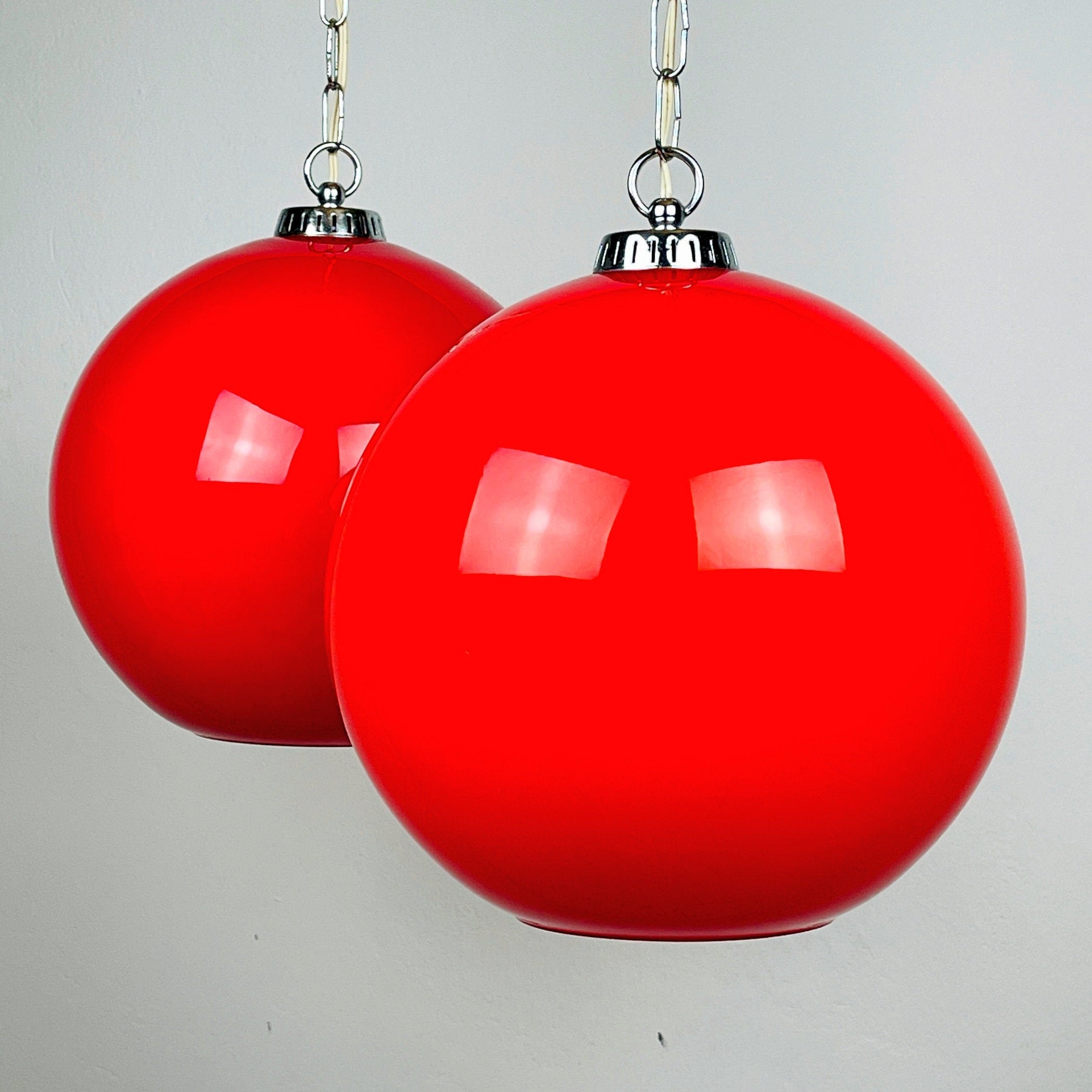 Vintage Red Glass Pendant Lamp: Mid Century Modern Lighting, Yugoslavia 1980s