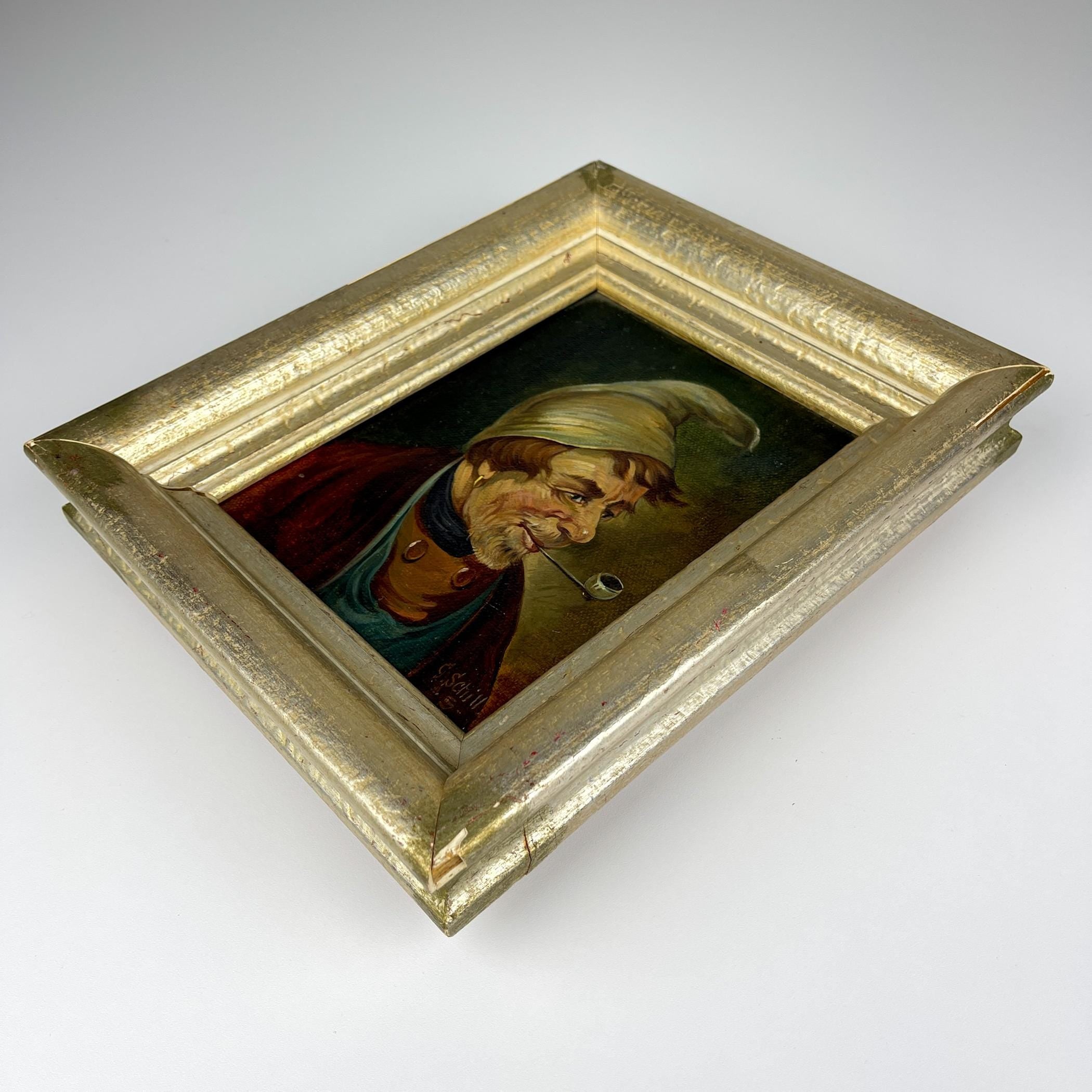 Antique painting Portrait "Man in a nightcap with a pipe" by G. Schill, canvas, oil, 1930s