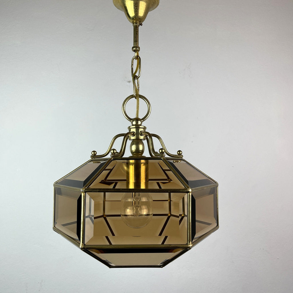 Vintage diamond pendant lamp Italy 1960s Gold brass hex crystal lamp