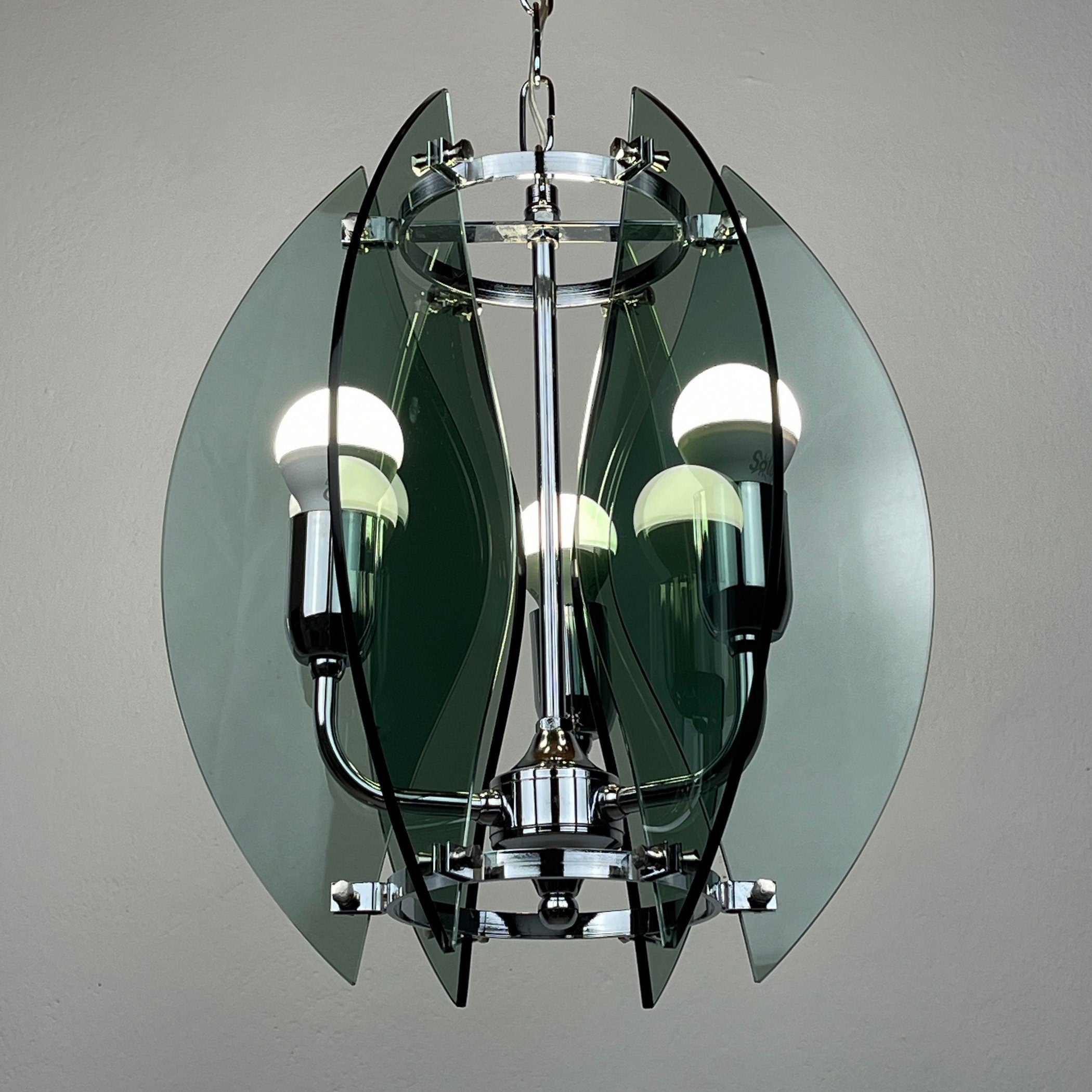 Veca Italian Chandelier: Mid-Century Smoked Glass Pendant Lamp
