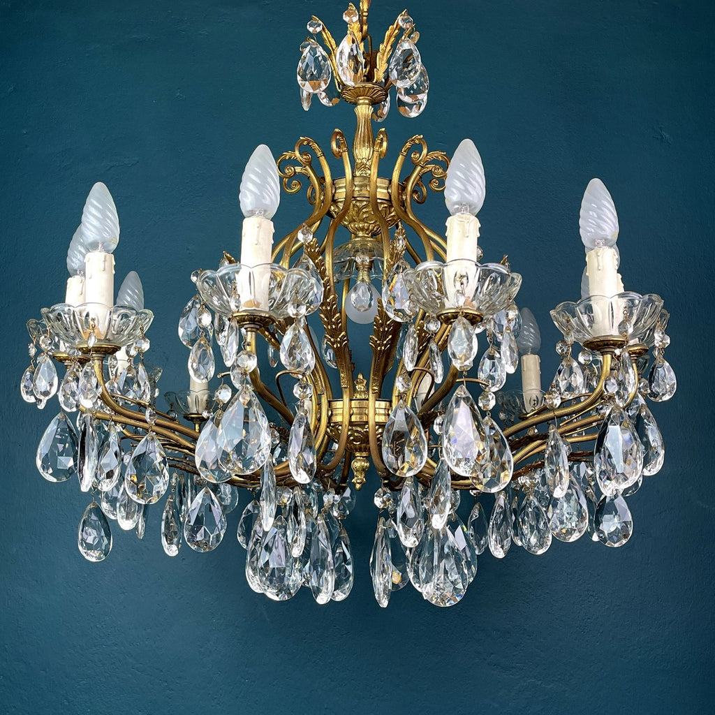XL Vintage Crystal Chandelier: 1950s Italian Hollywood Regency Brass Lamp